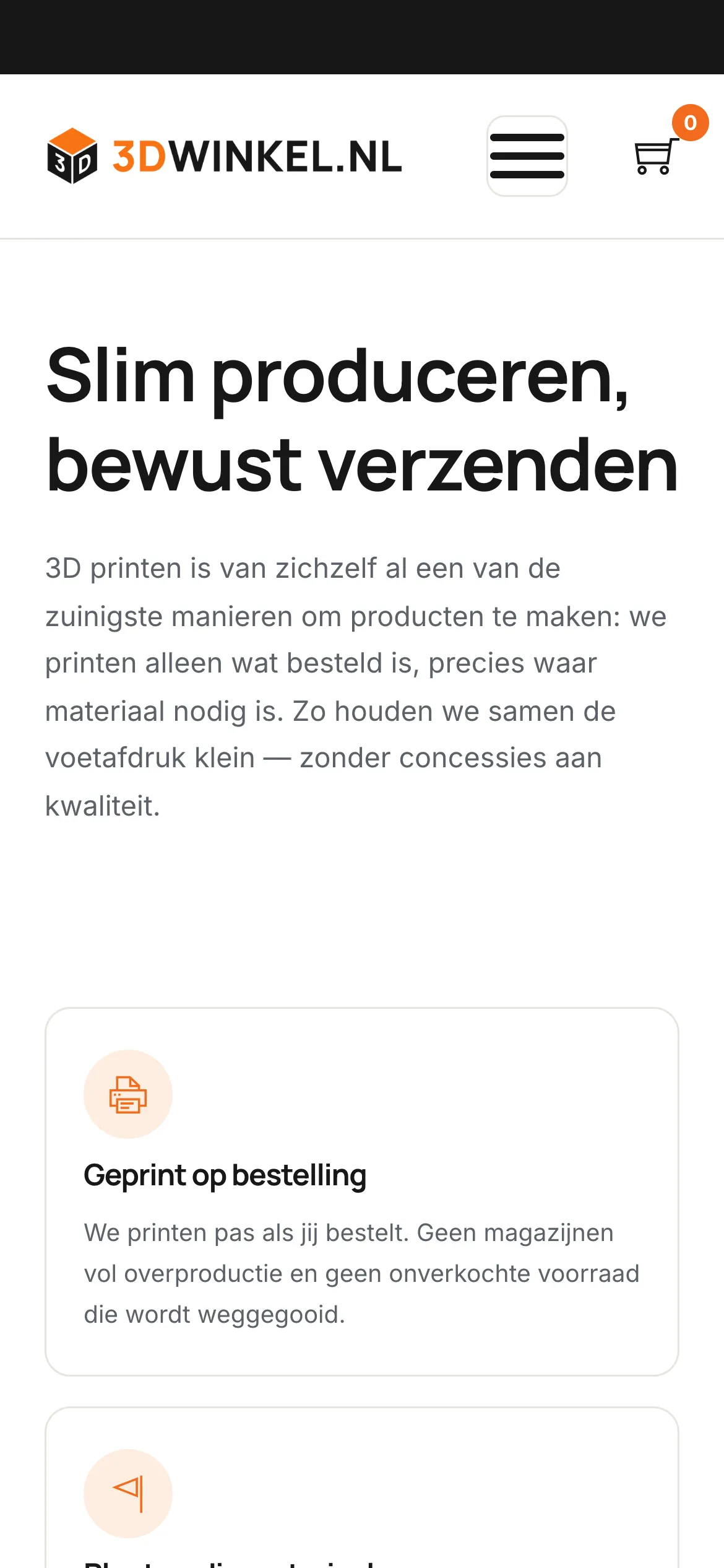 De duurzaamheidspagina van 3D Winkel op mobiel