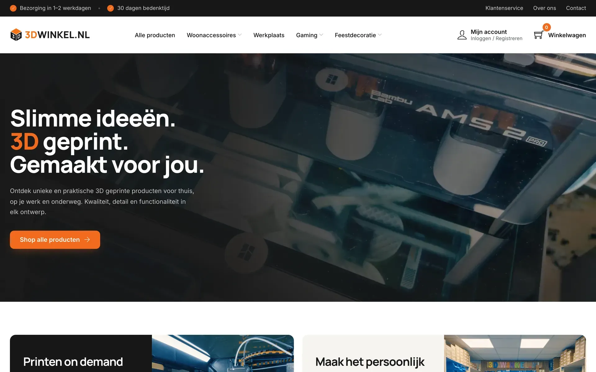 De webshop van 3D Winkel op desktop, met de balk met levertijd en bedenktijd, de categorieën en de ingang voor printen op aanvraag