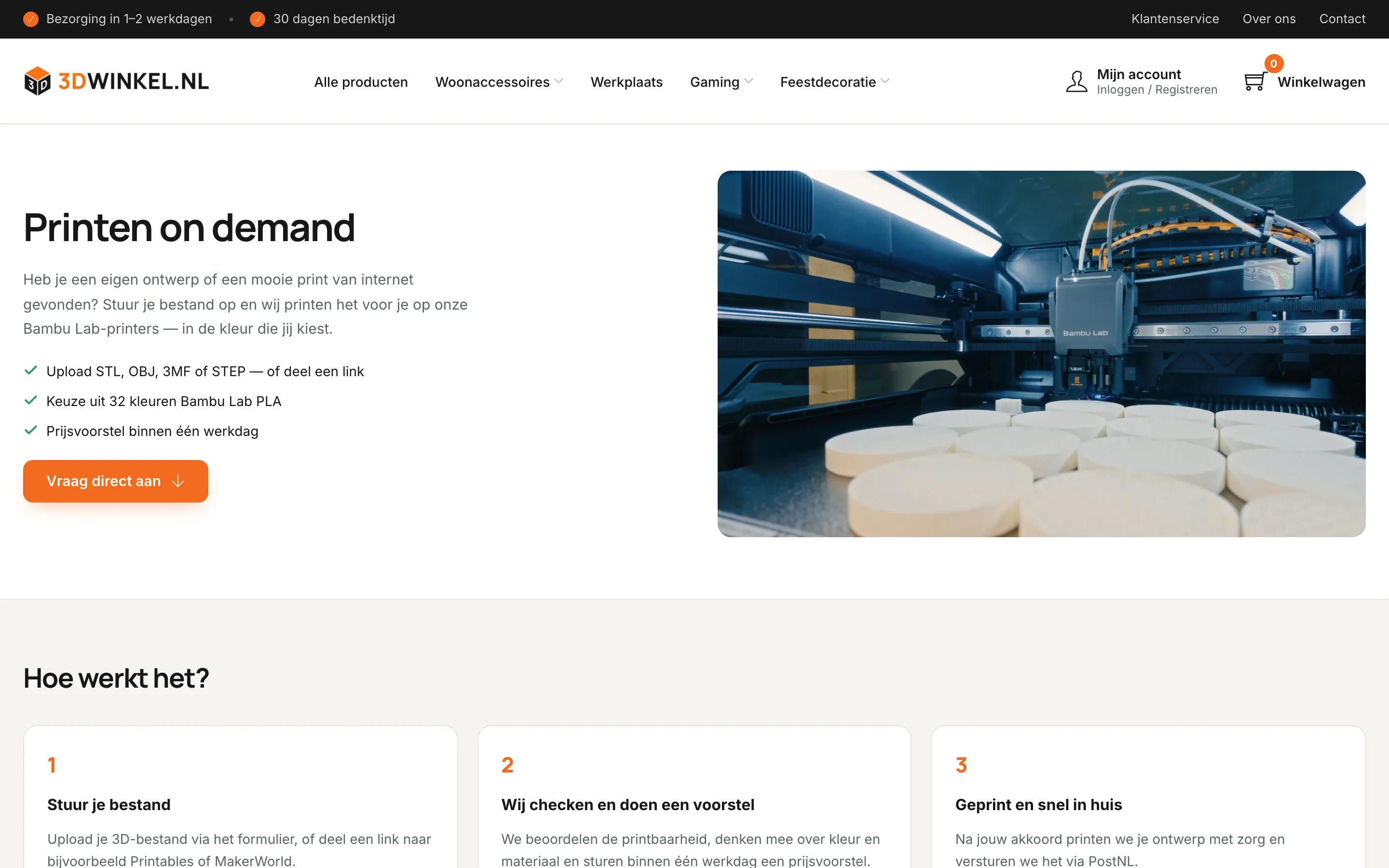 De pagina Printen on demand van 3D Winkel, waar bezoekers een eigen bestand kunnen uploaden