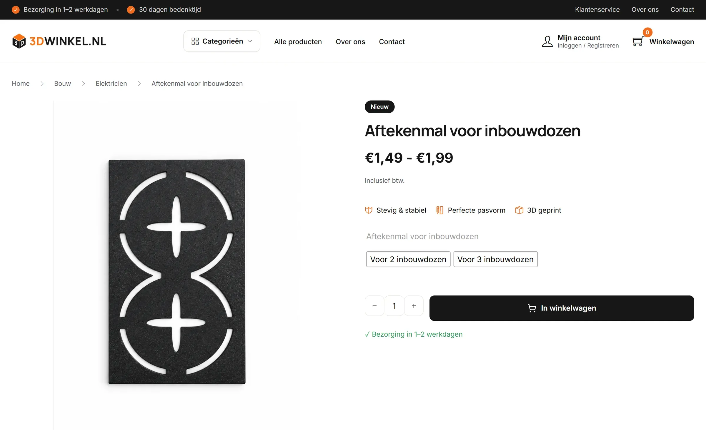 Productpagina op 3dwinkel.nl: titel, prijs, varianten, levertijd en de knop In winkelwagen