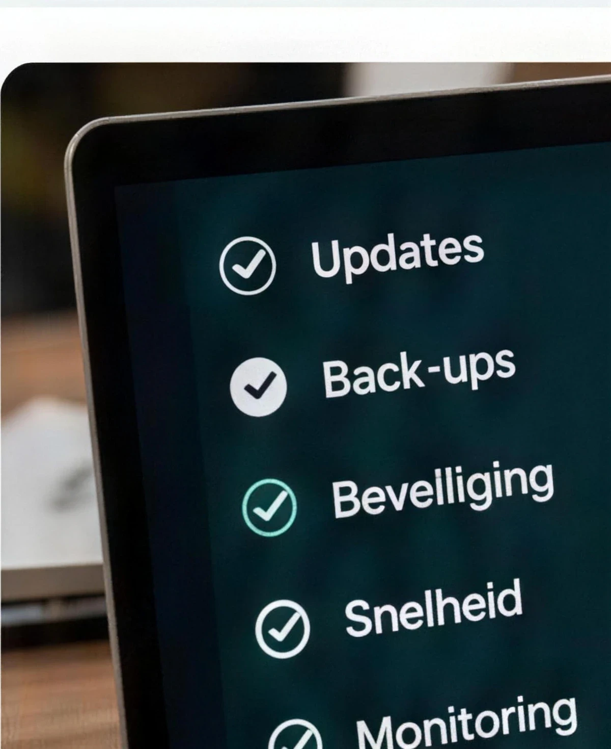 Tablet met een afvinklijst: updates, back-ups, beveiliging, snelheid en monitoring