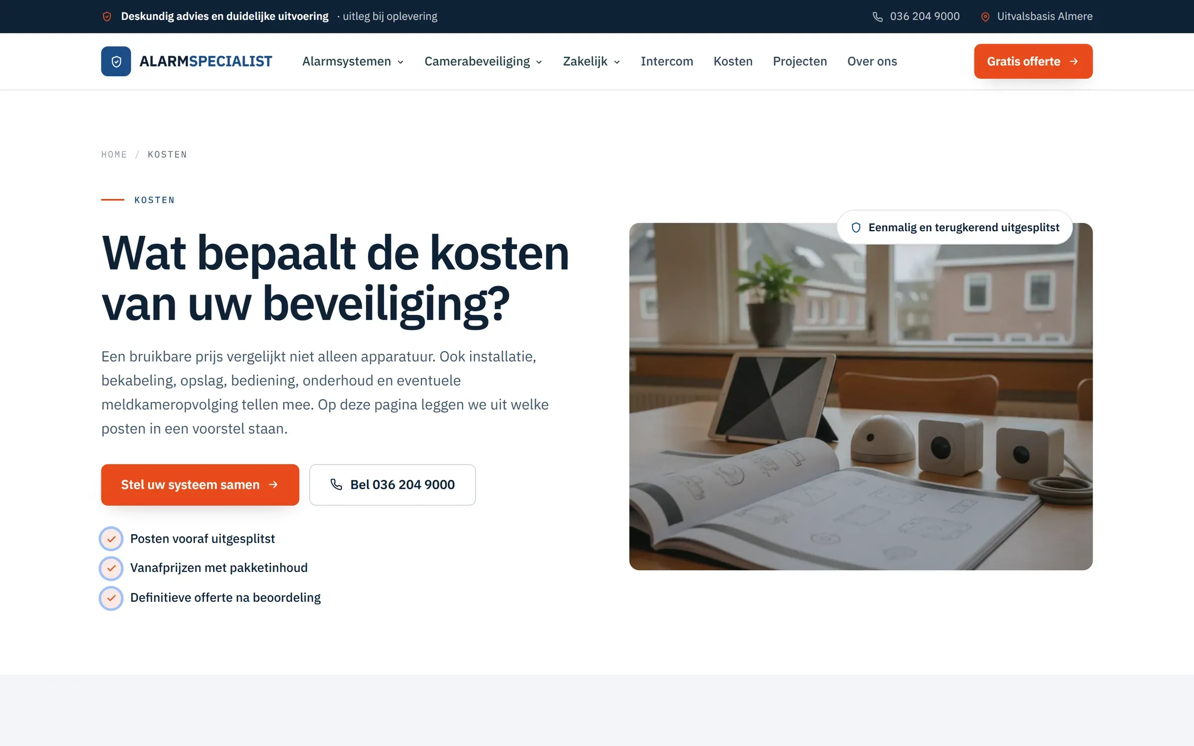 Kostenpagina van alarmspecialist.nl: "Wat bepaalt de kosten van uw beveiliging?" met de knoppen samenstellen en bellen