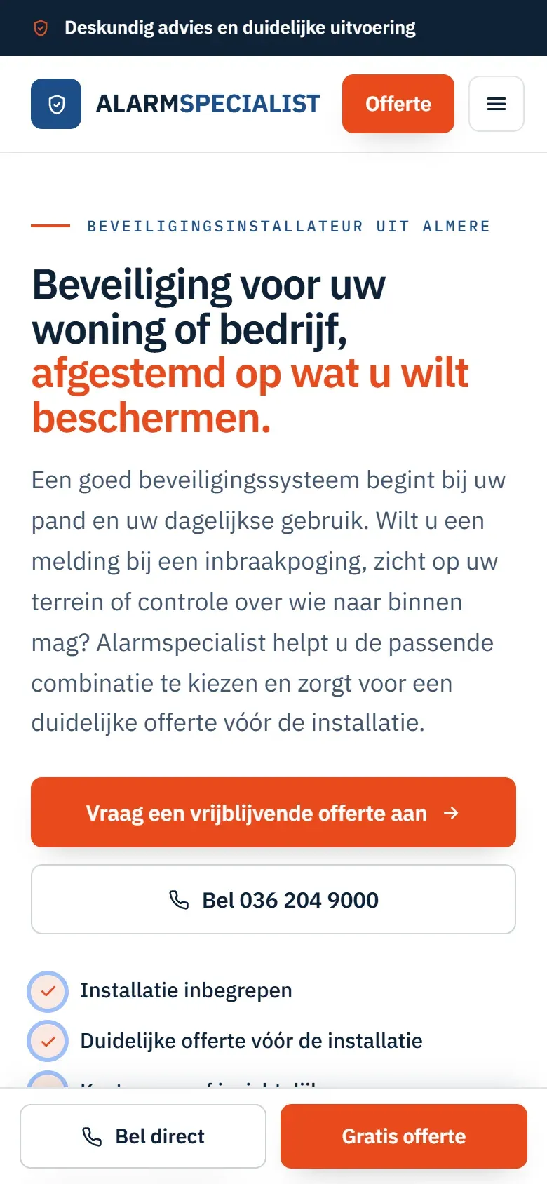 De homepage van alarmspecialist.nl op een telefoon, met onderin de knoppen Bel direct en Gratis offerte