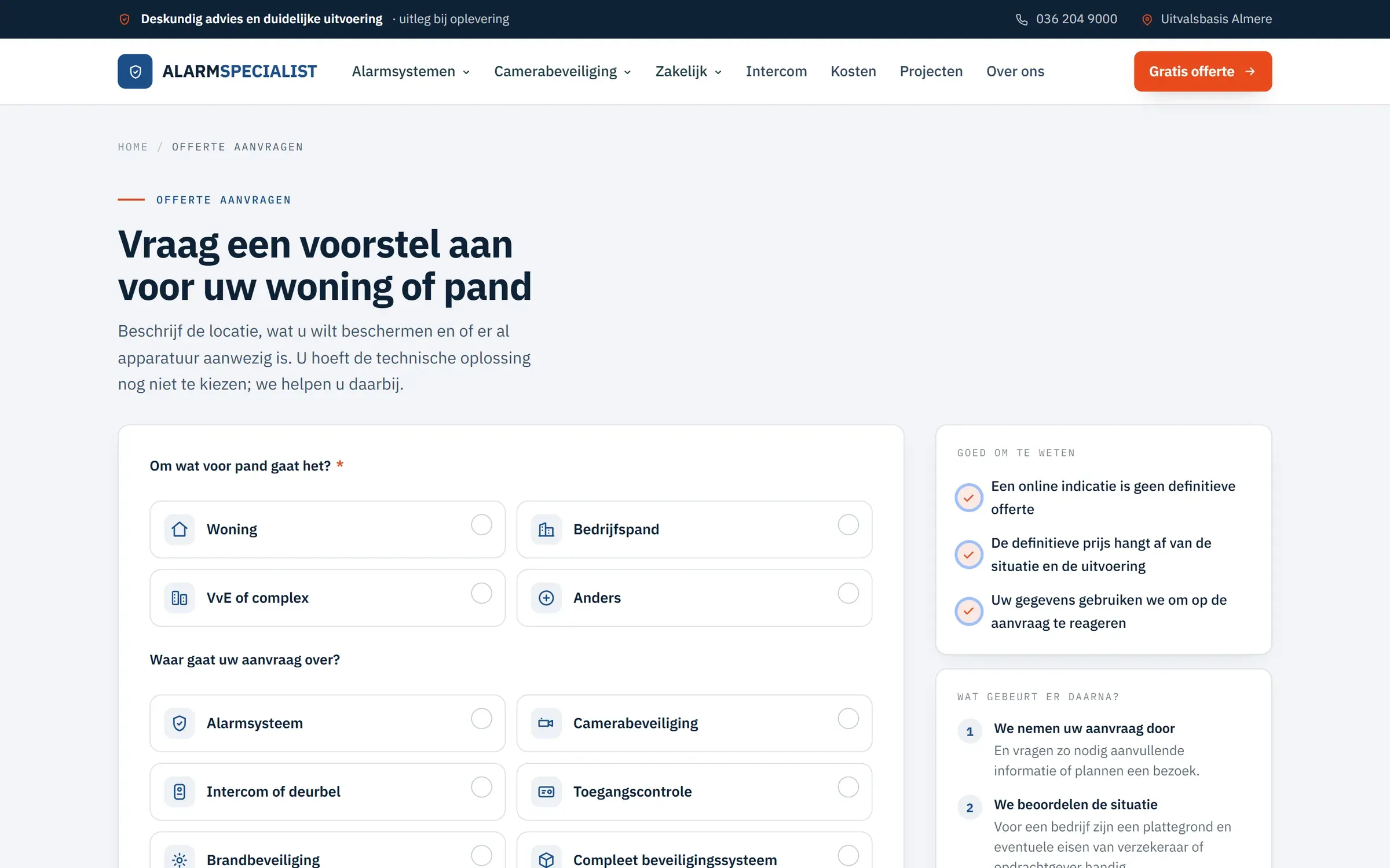 Offerte aanvragen op alarmspecialist.nl: type pand en onderwerp van de aanvraag als keuzes, met rechts hoe het daarna verdergaat