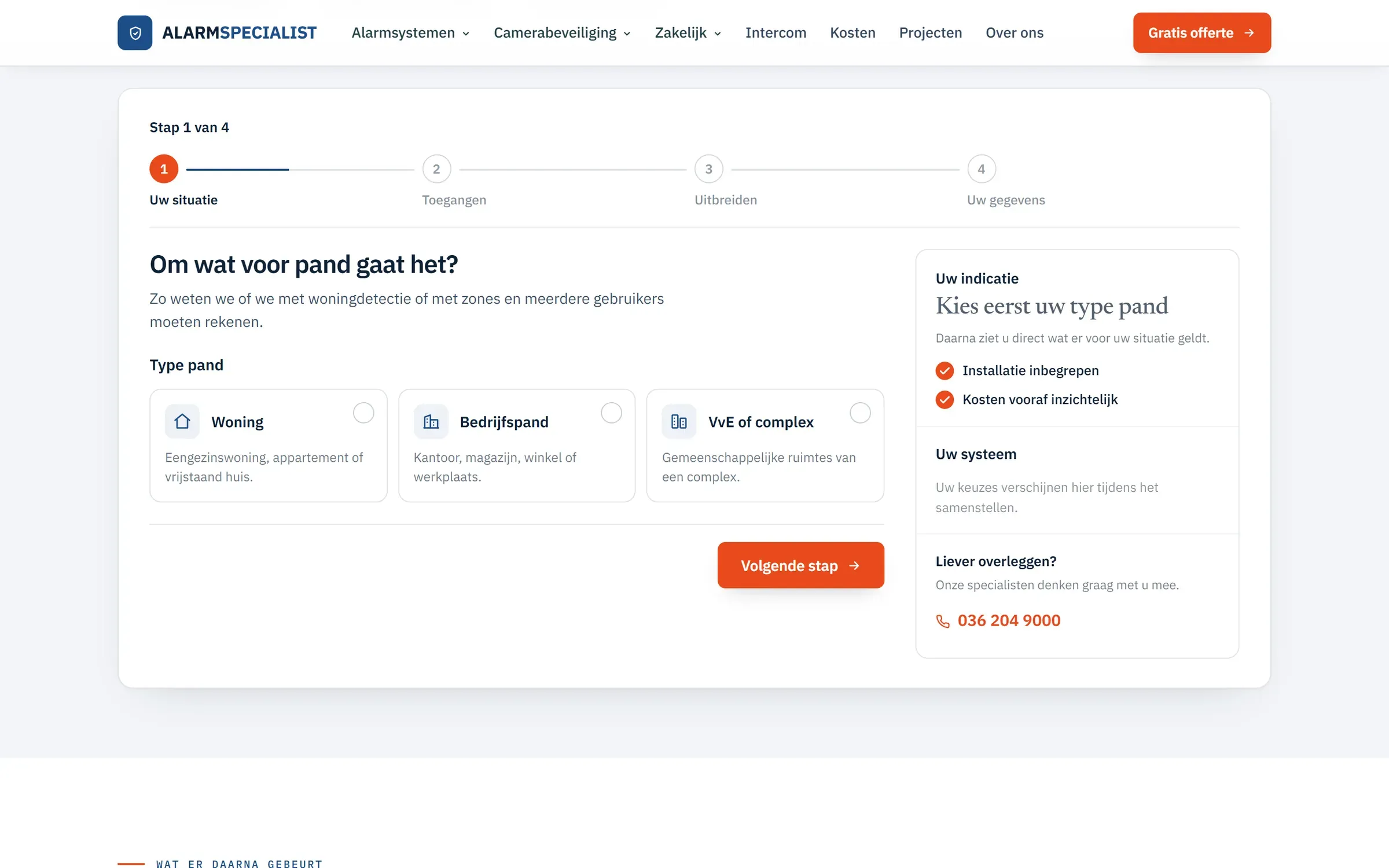 Alarmsysteem samenstellen op alarmspecialist.nl: stap 1 van 4, het type pand kiezen, met rechts de indicatie