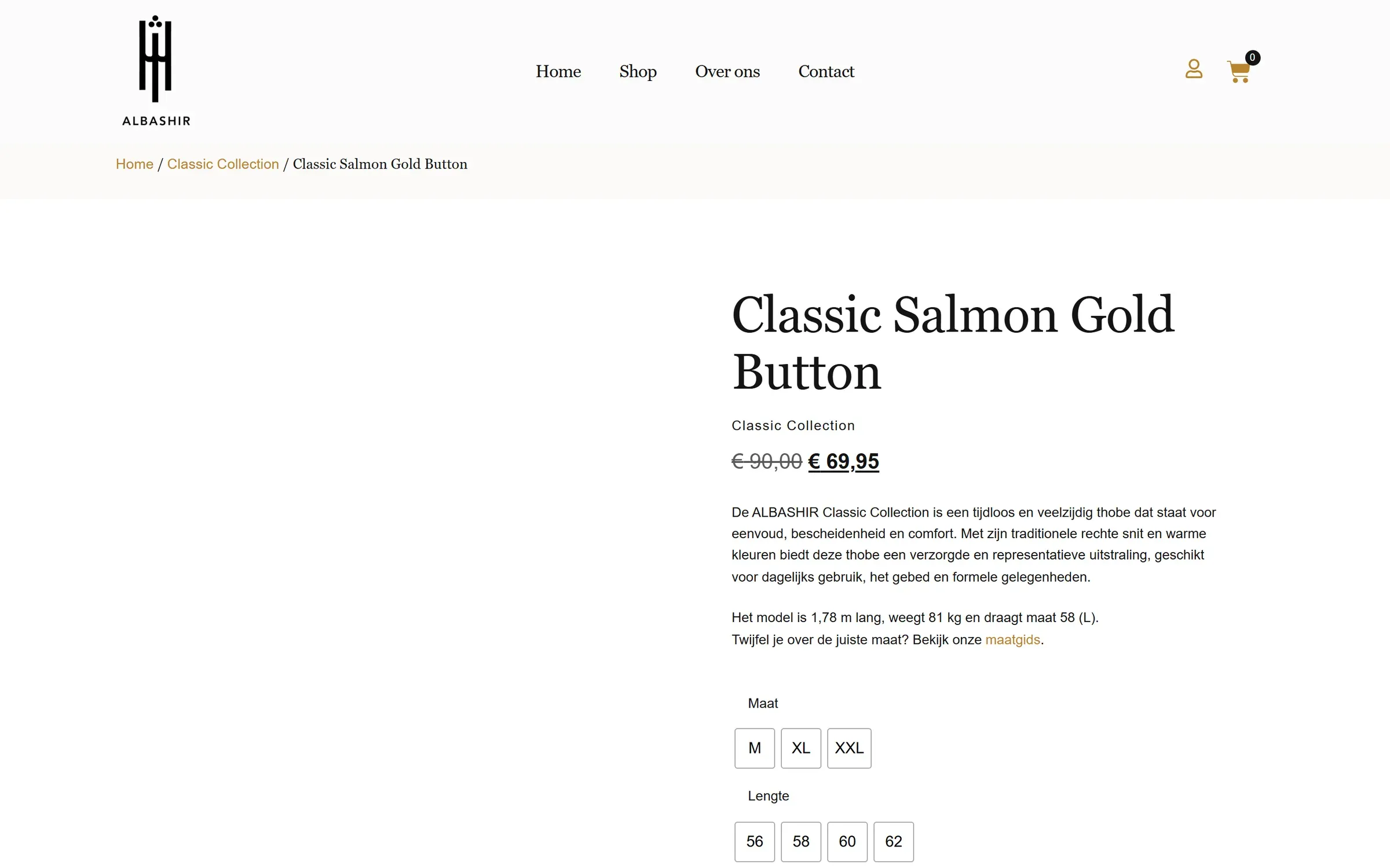 Productpagina op albashir.nl: Classic Salmon Gold Button met prijs, beschrijving en keuze voor maat en lengte