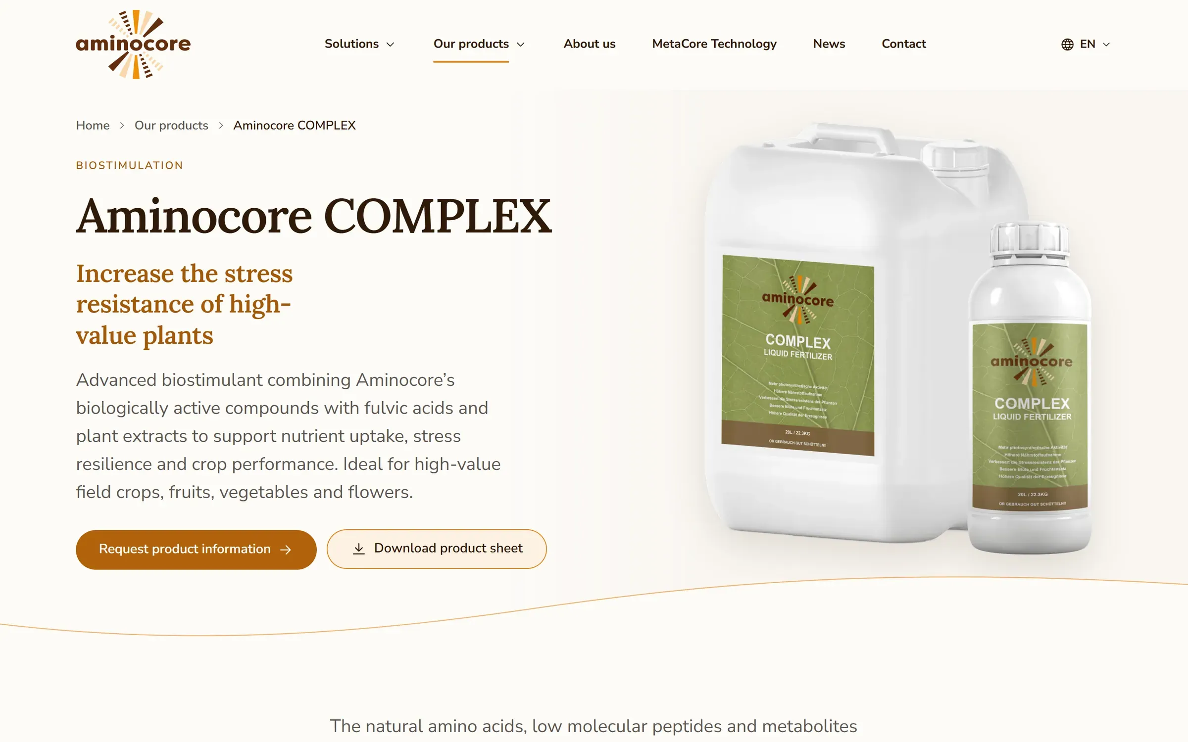 Productpagina Aminocore COMPLEX: productfoto, korte uitleg en de knoppen Request product information en Download product sheet