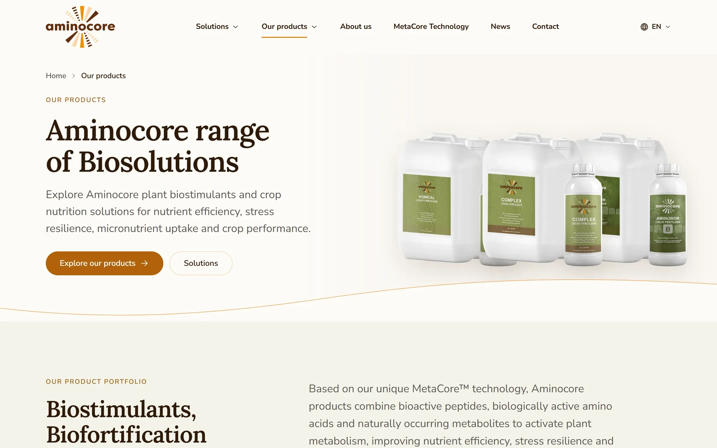 Productoverzicht op aminocore.nl: "Aminocore range of Biosolutions" met productverpakkingen