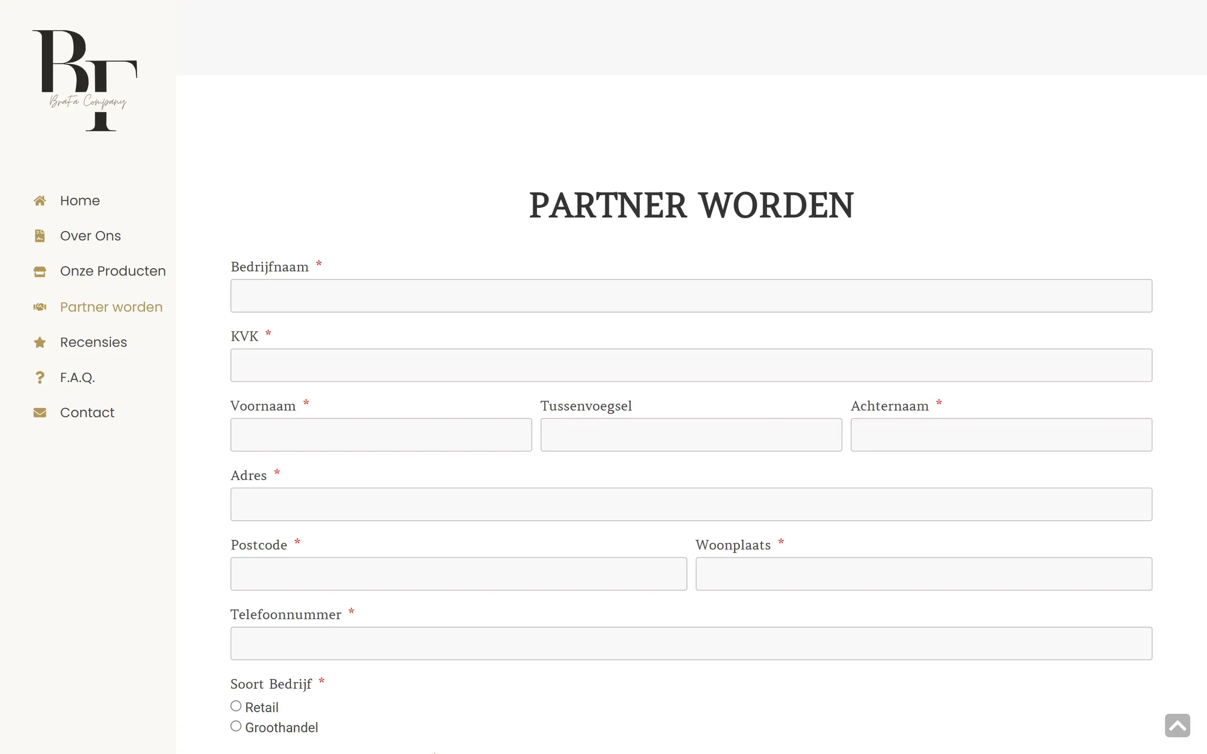 Partner worden op brafacompany.nl: het aanvraagformulier met bedrijfsnaam, KVK en contactgegevens