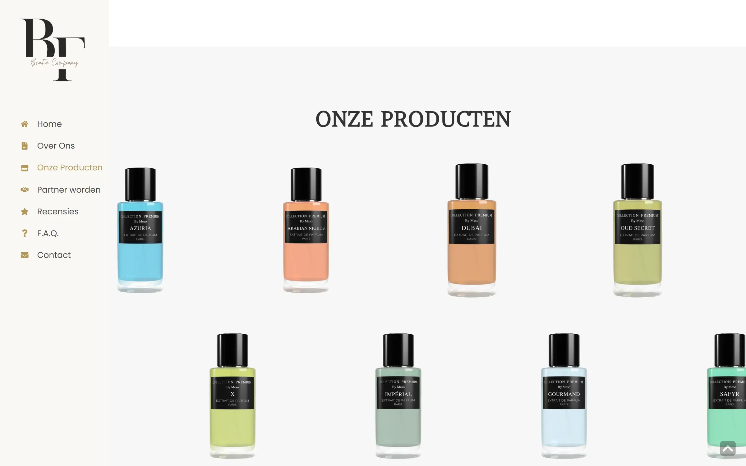 Onze producten op brafacompany.nl: parfumflessen in een raster, zonder prijzen