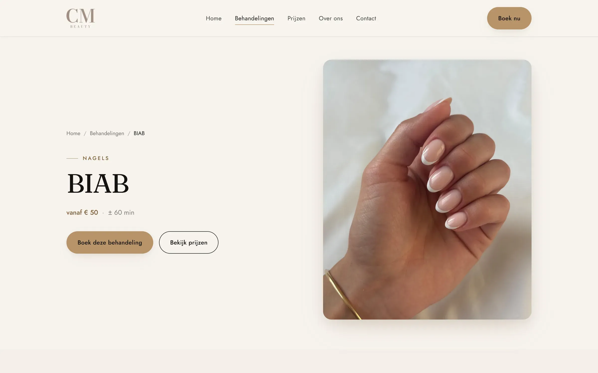 Behandelpagina BIAB op cmbeauty.nl: vanaf-prijs, duur, een boekknop en een foto van het resultaat
