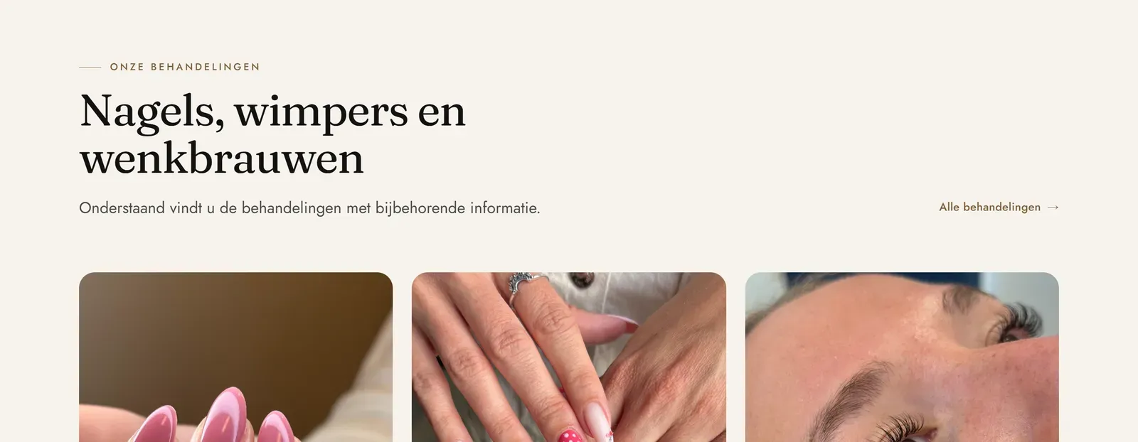 Behandelingen op cmbeauty.nl: foto’s van nagels, wimpers en wenkbrauwen in een raster