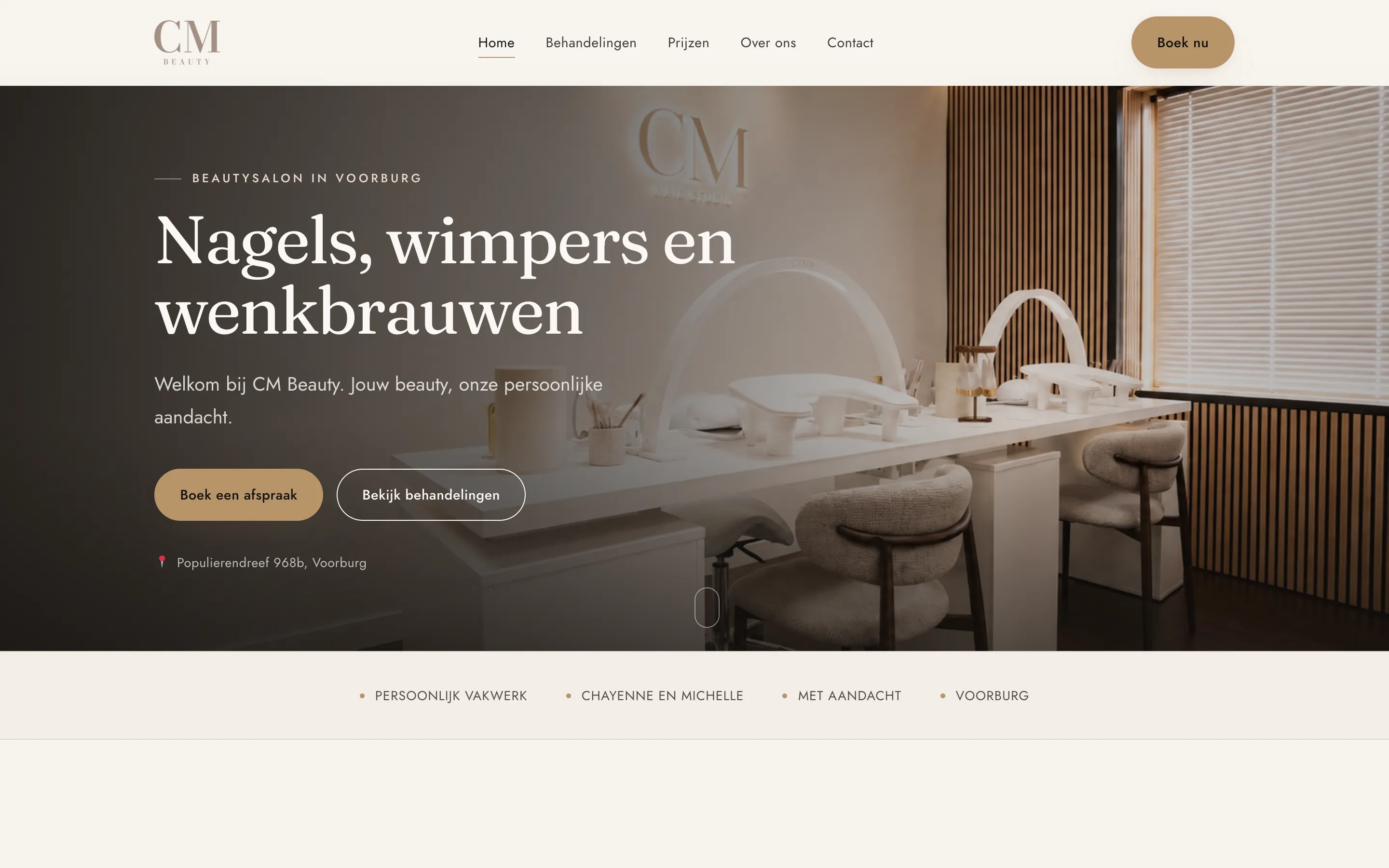 Screenshot van de website van CM Beauty