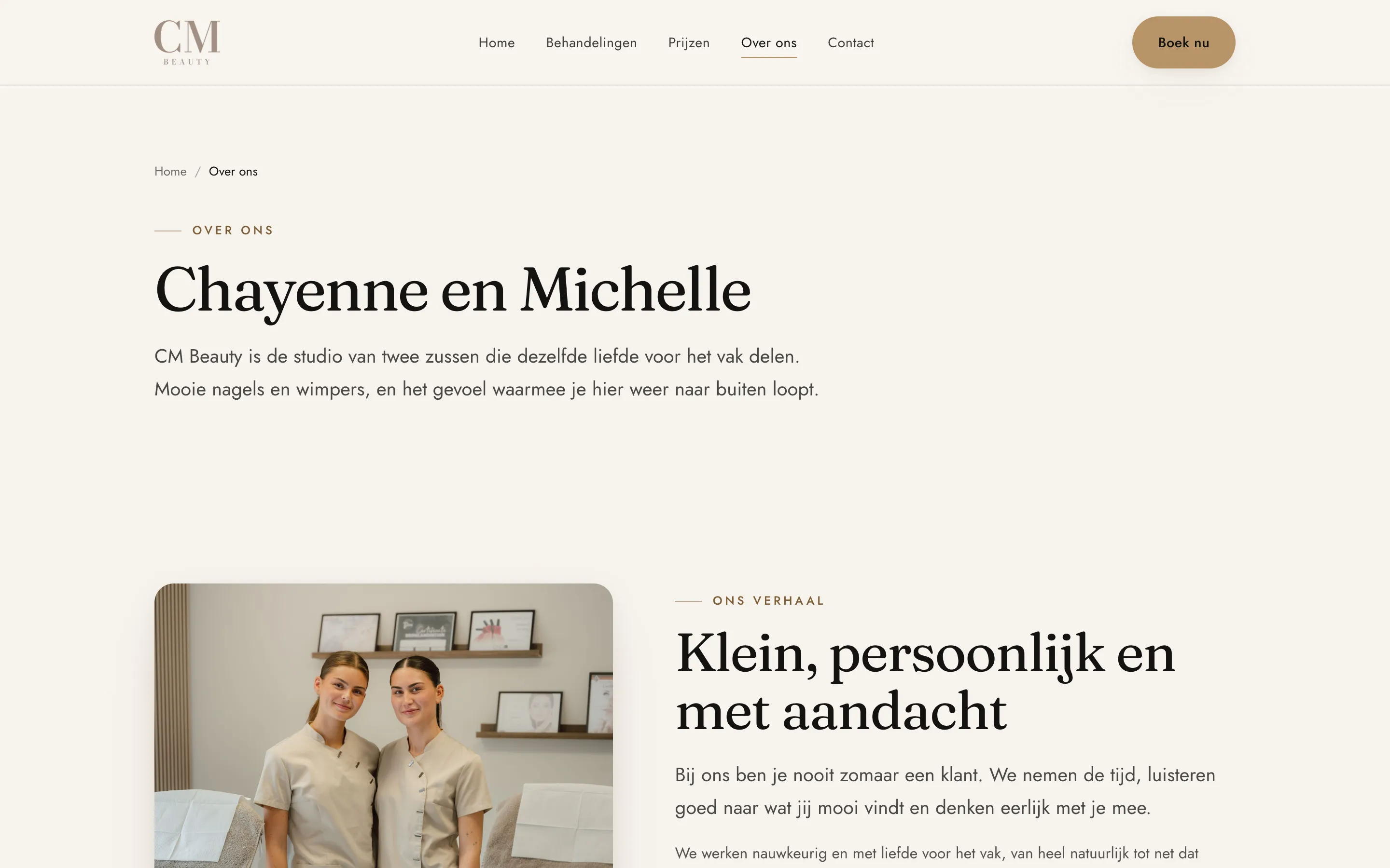 De over-onspagina van CM Beauty, over Chayenne en Michelle