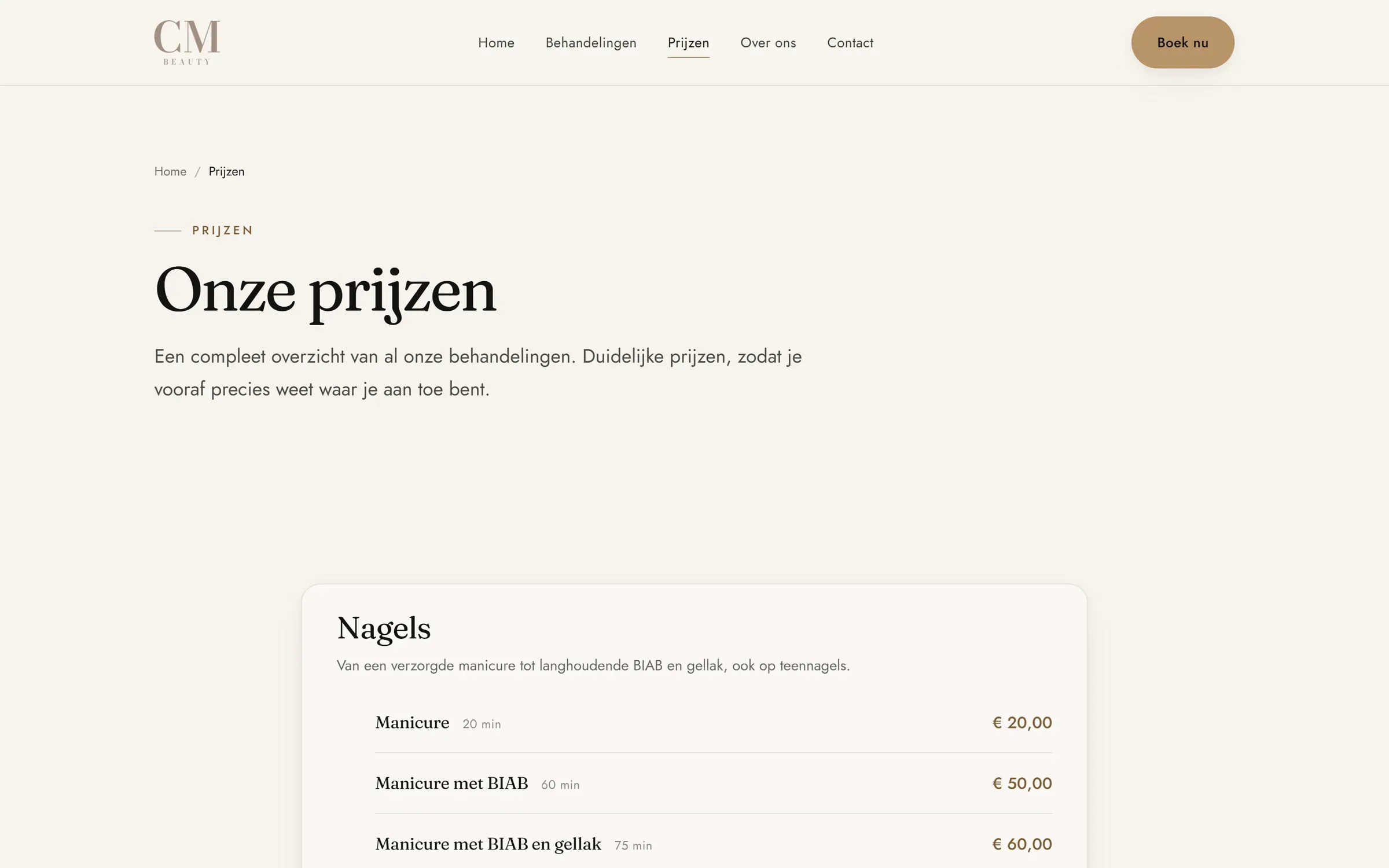 Prijzenpagina van cmbeauty.nl: "Onze prijzen" met tarieven en duur per behandeling