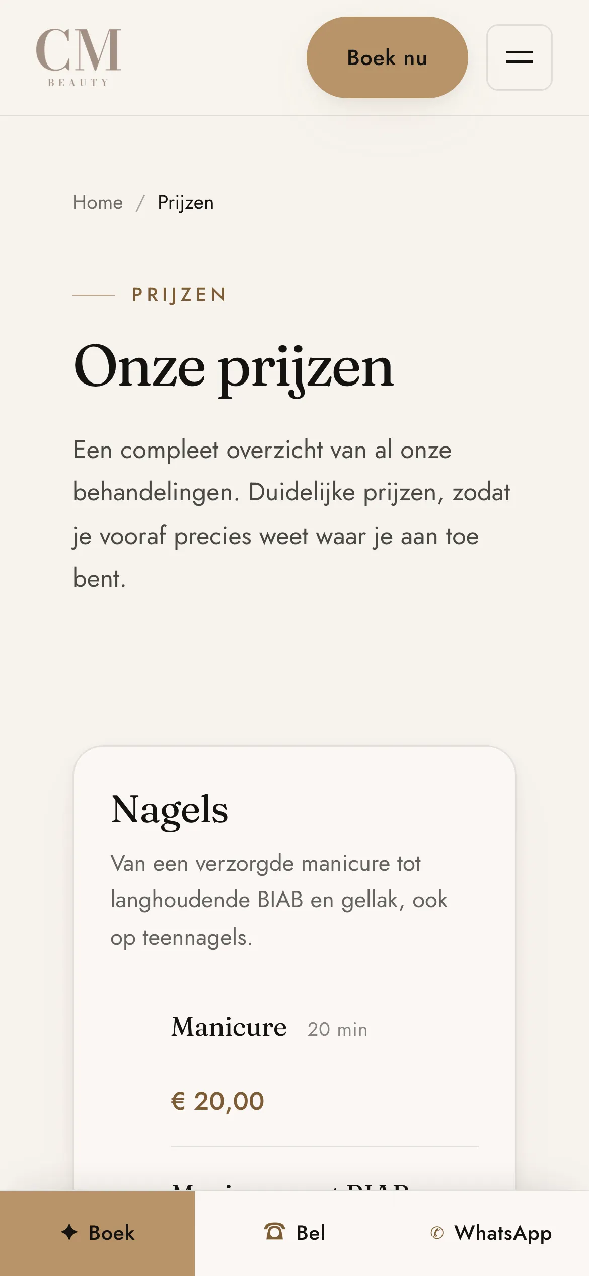 De prijzenpagina van CM Beauty op mobiel