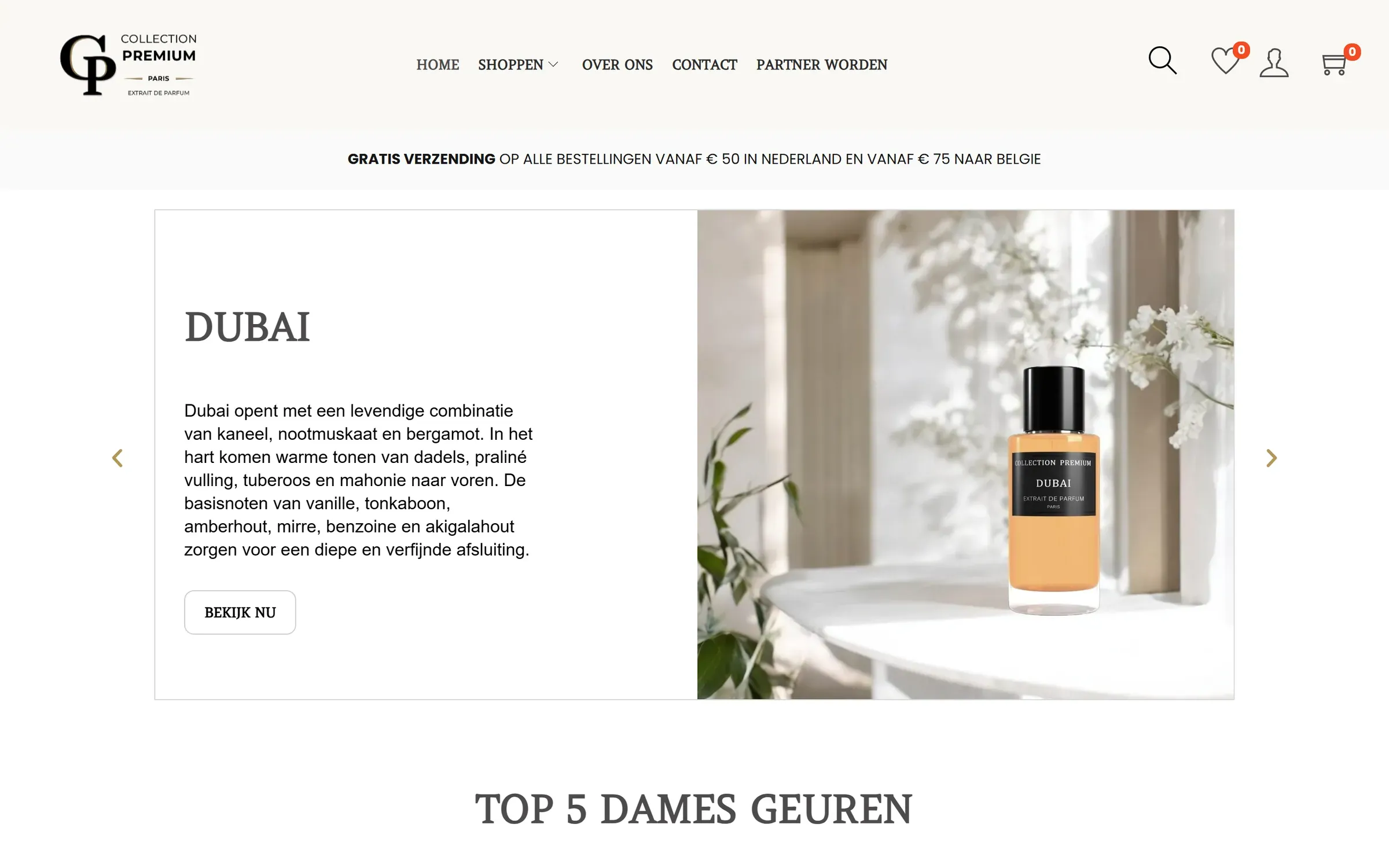 De homepage van collectionpremiumparis.nl: een parfumfles met de tekst "Dubai"
