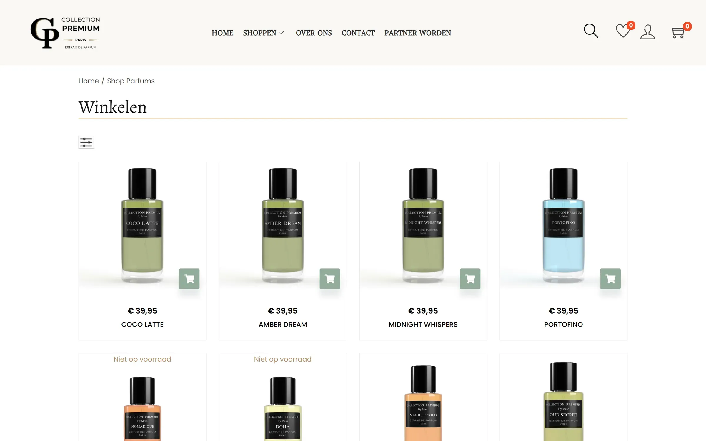 Shop parfums op collectionpremiumparis.nl: productraster met prijzen en winkelwagenknoppen