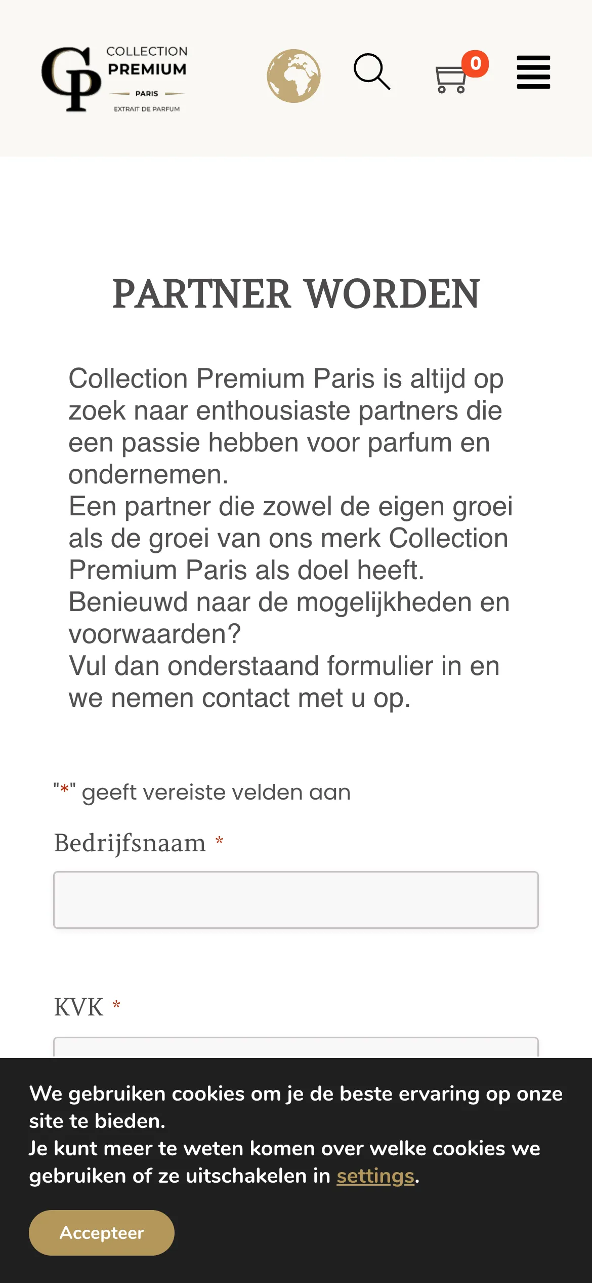 De pagina Partner worden van Collection Premium Paris op mobiel