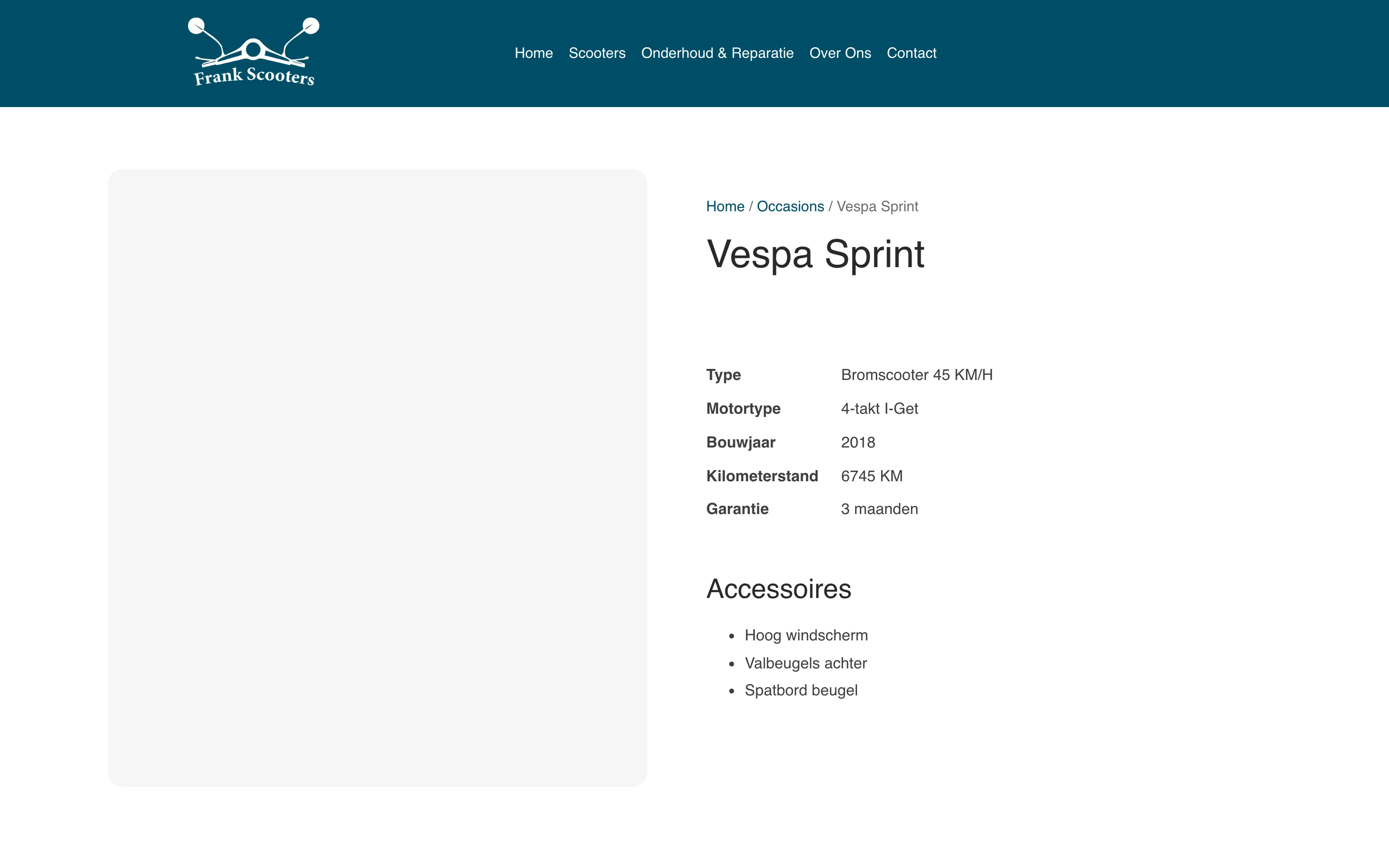 Een productpagina van een Vespa Sprint bij Frank Scooters