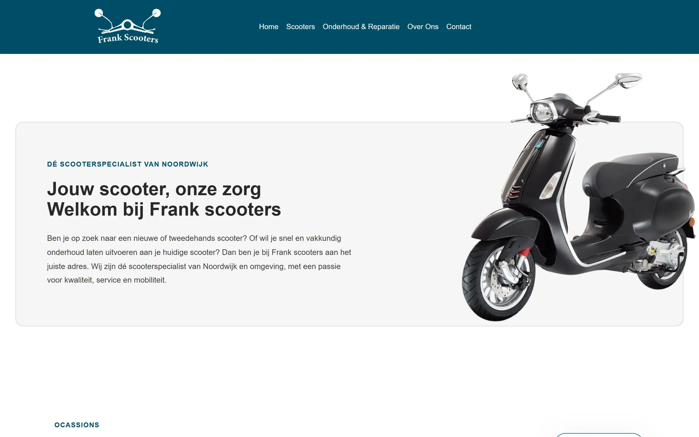 De homepage van frank-scooters.nl: kop "Jouw scooter, onze zorg" naast een foto van een zwarte scooter
