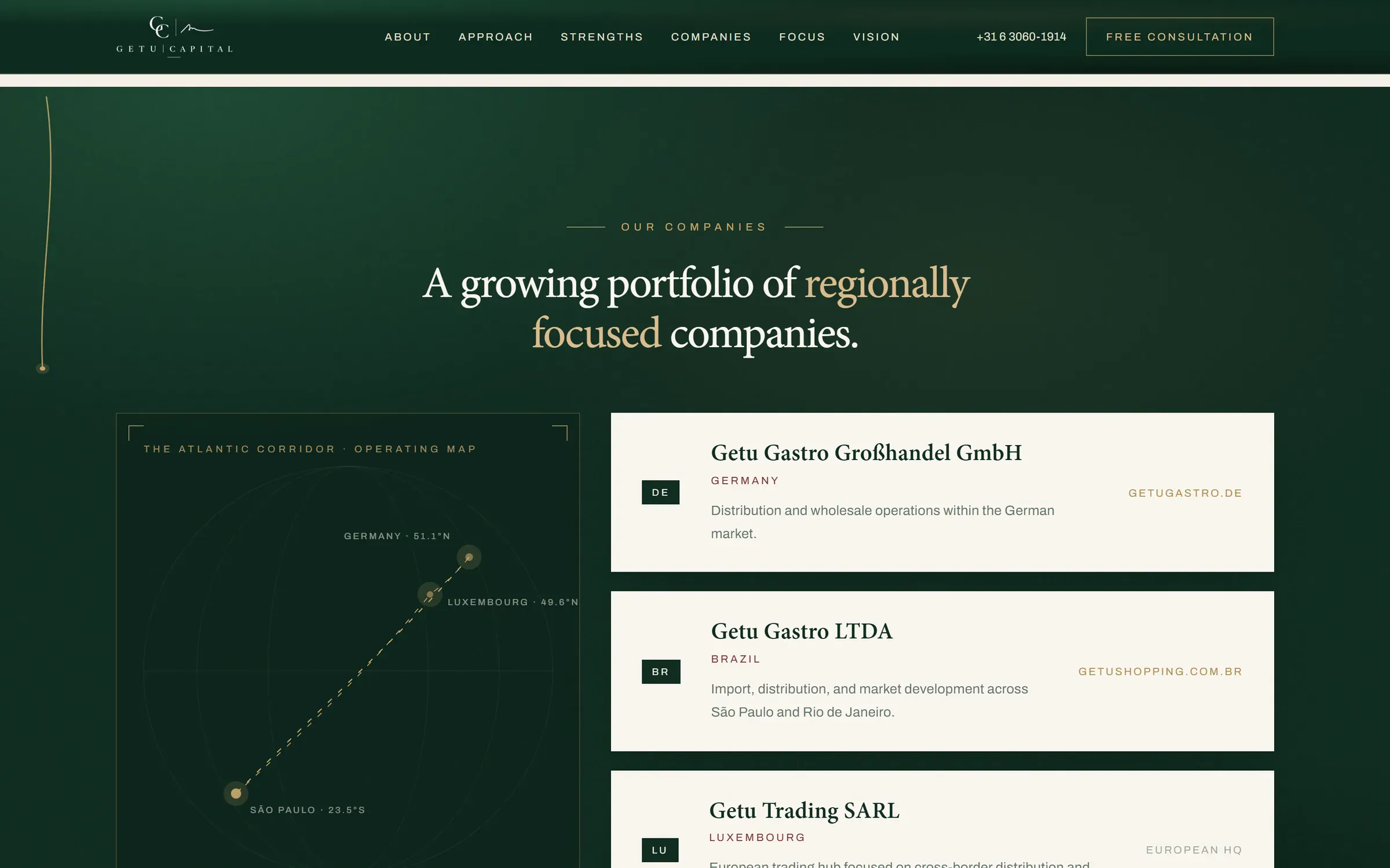 Our companies op getucapital.com: de portefeuille op naam naast een kaart van de Atlantische corridor