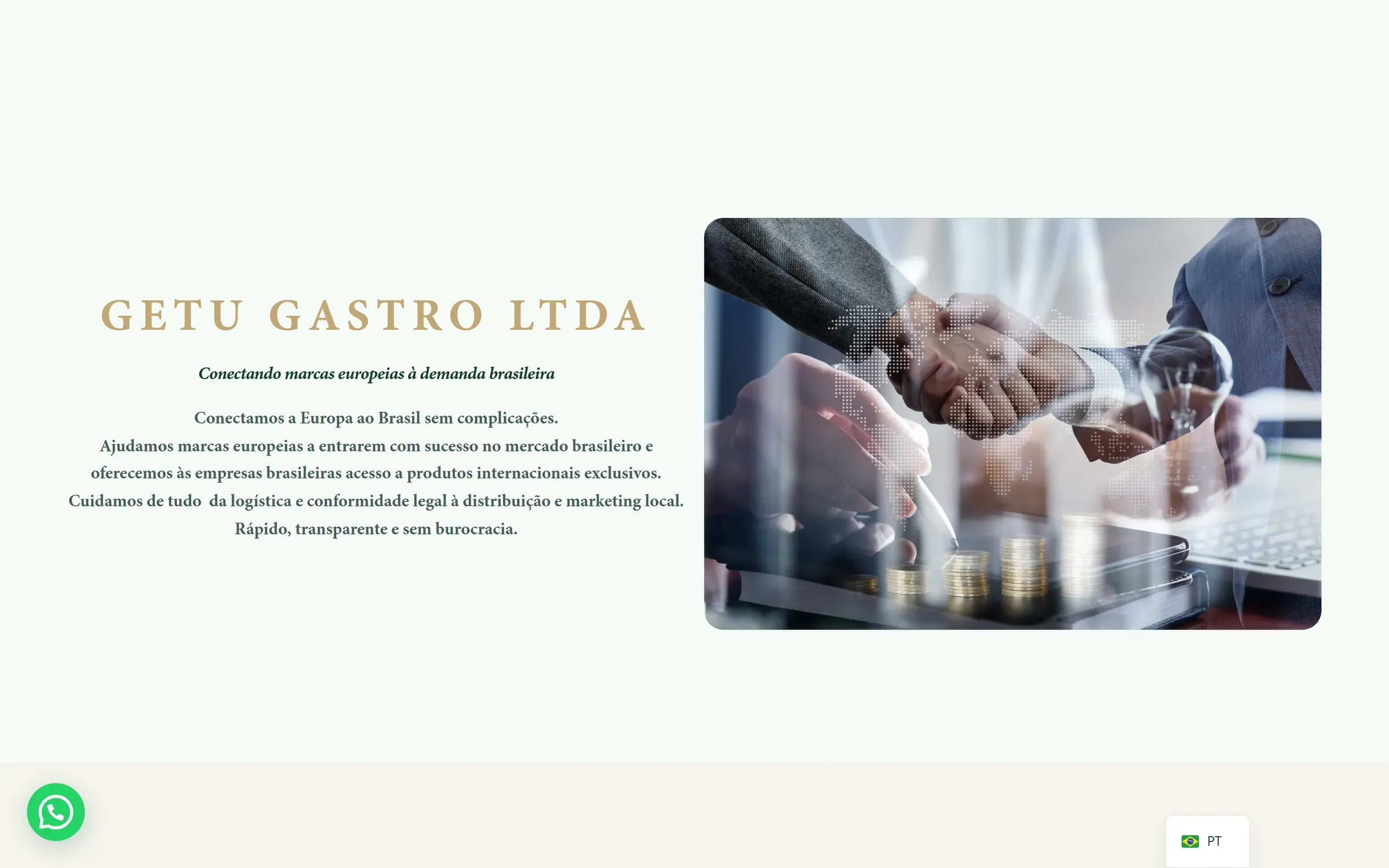 De homepage van getugastro.com.br: kop in het Portugees naast een foto van een handdruk