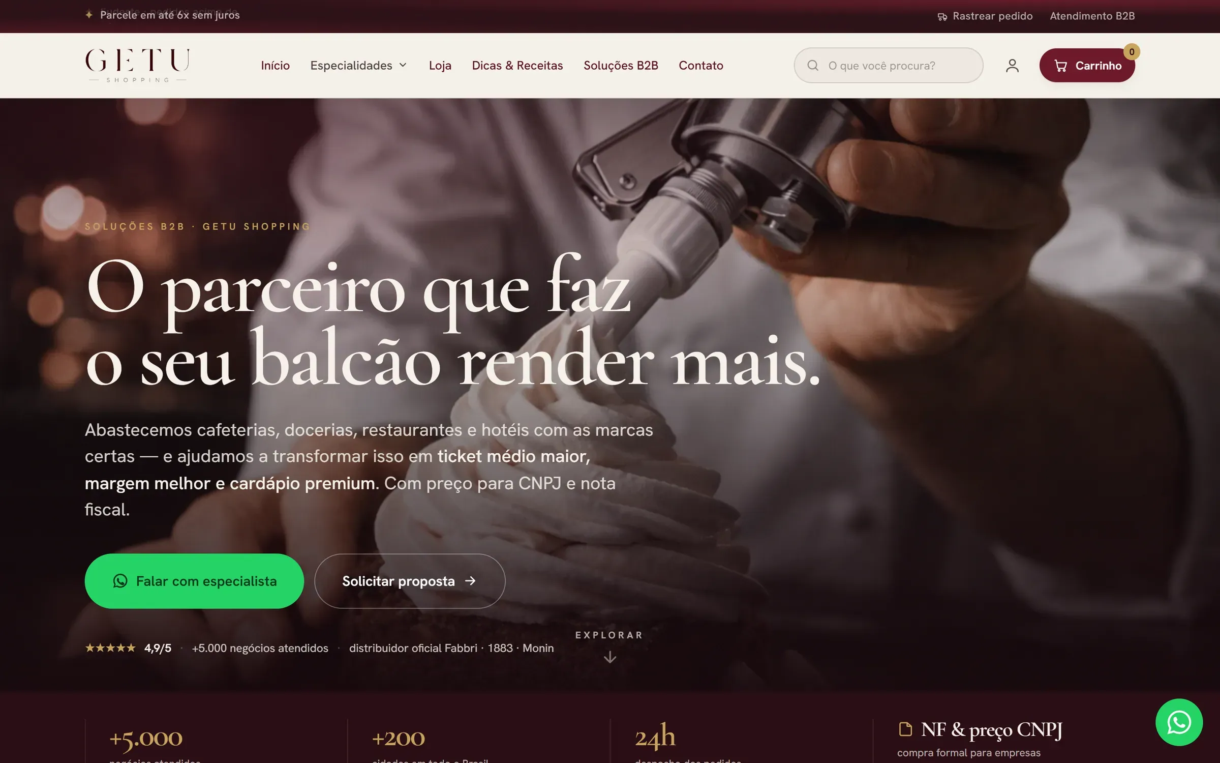 Soluções B2B op getushopping.com.br: de zakelijke pagina met een knop om met een specialist te praten