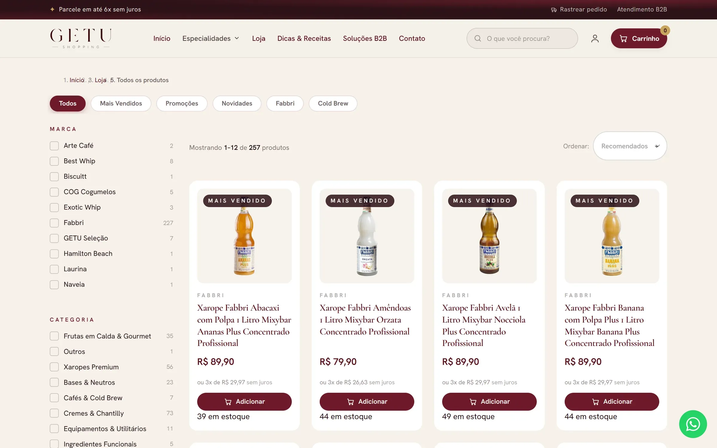 De winkel op getushopping.com.br: filters op merk en categorie naast een productraster met prijzen en termijnbetaling