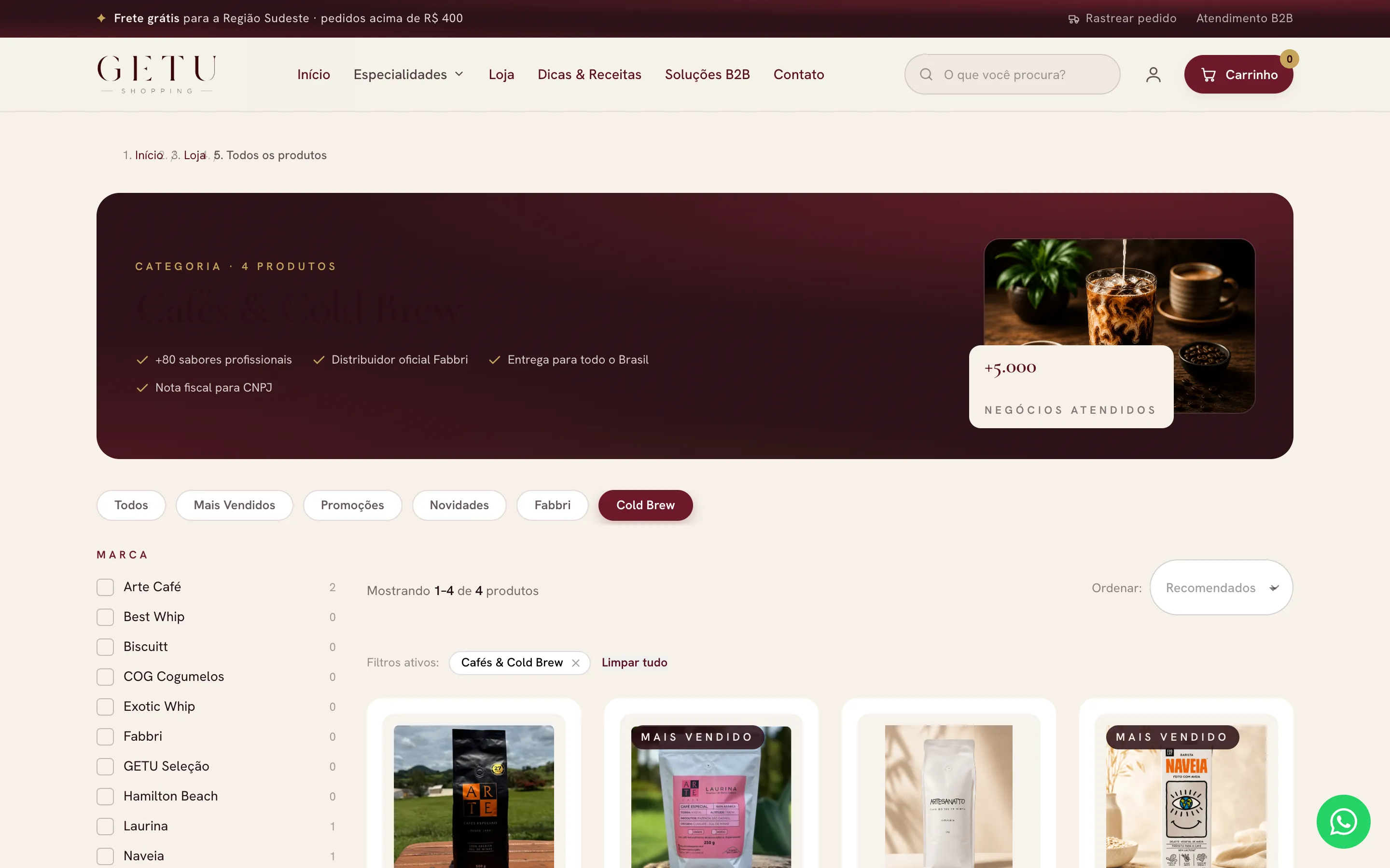 De categoriepagina voor koffie en cold brew van Getu Shopping