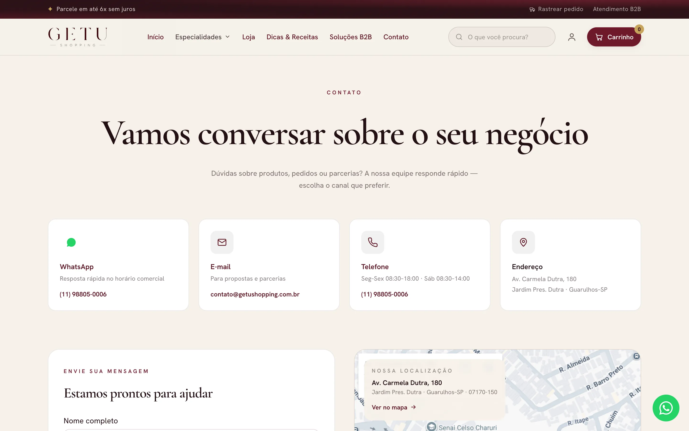 De contactpagina van Getu Shopping