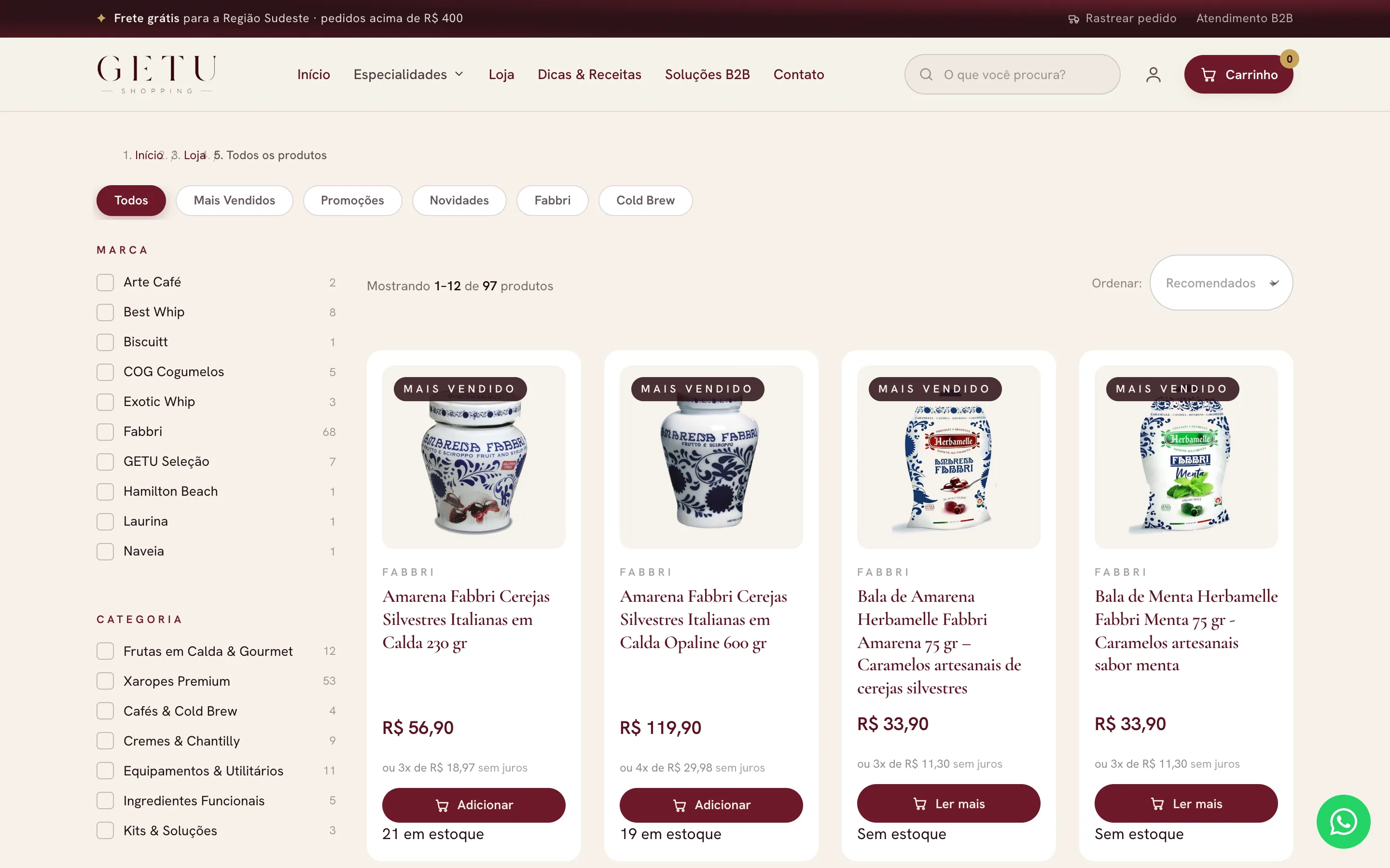 Het winkeloverzicht van Getu Shopping met alle producten