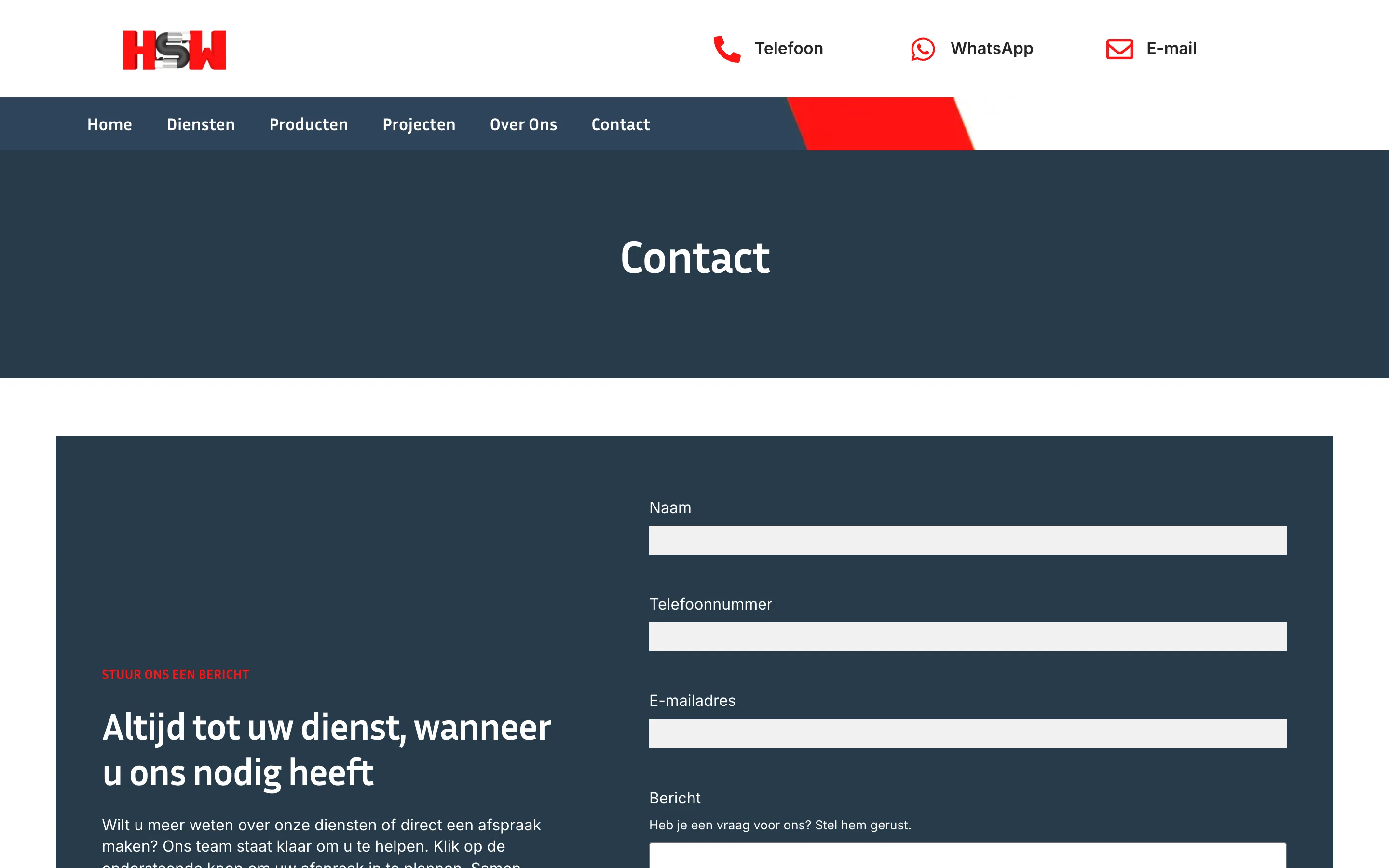 De contactpagina van HSW met alle bereikbaarheidsopties
