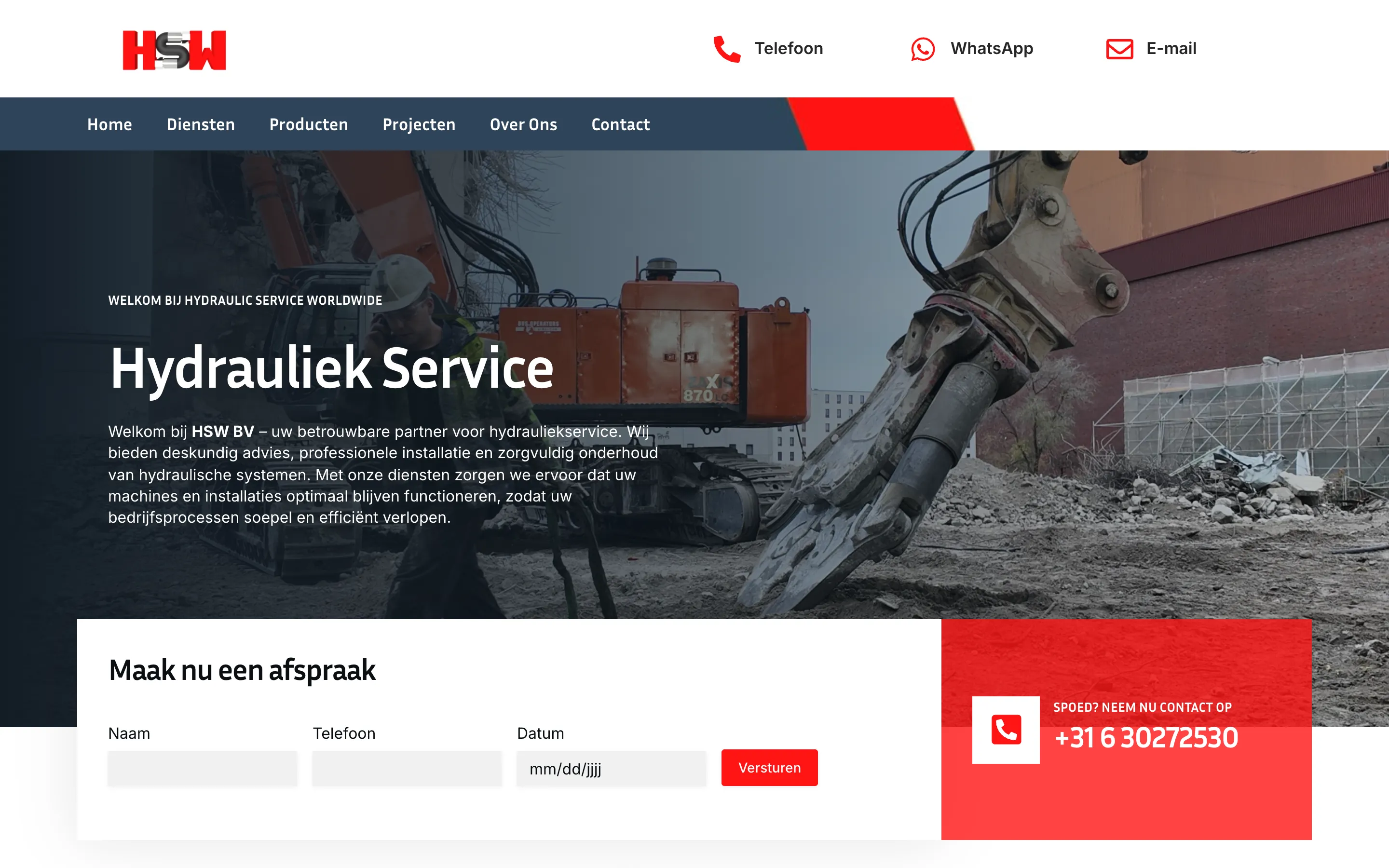 De website die RVD Webdesign maakte voor Hydraulic Service Worldwide B.V.