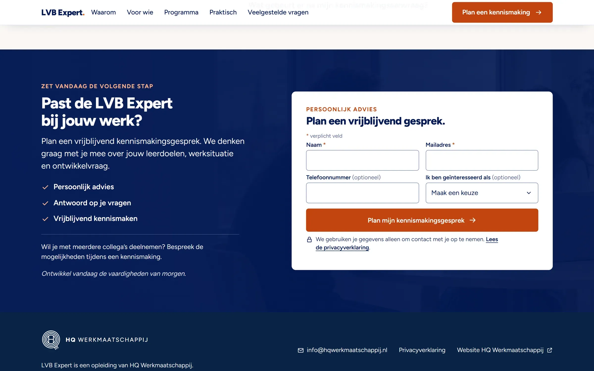 Het afsluitende blok van lvbexpert.nl: "Past de LVB Expert bij jouw werk?" naast het formulier voor een vrijblijvend kennismakingsgesprek