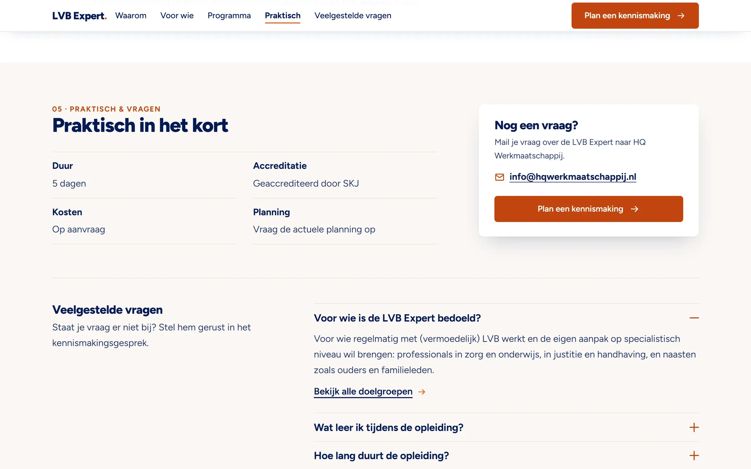 Praktisch in het kort op lvbexpert.nl: duur, accreditatie, kosten en planning, met een kaart om een vraag te mailen
