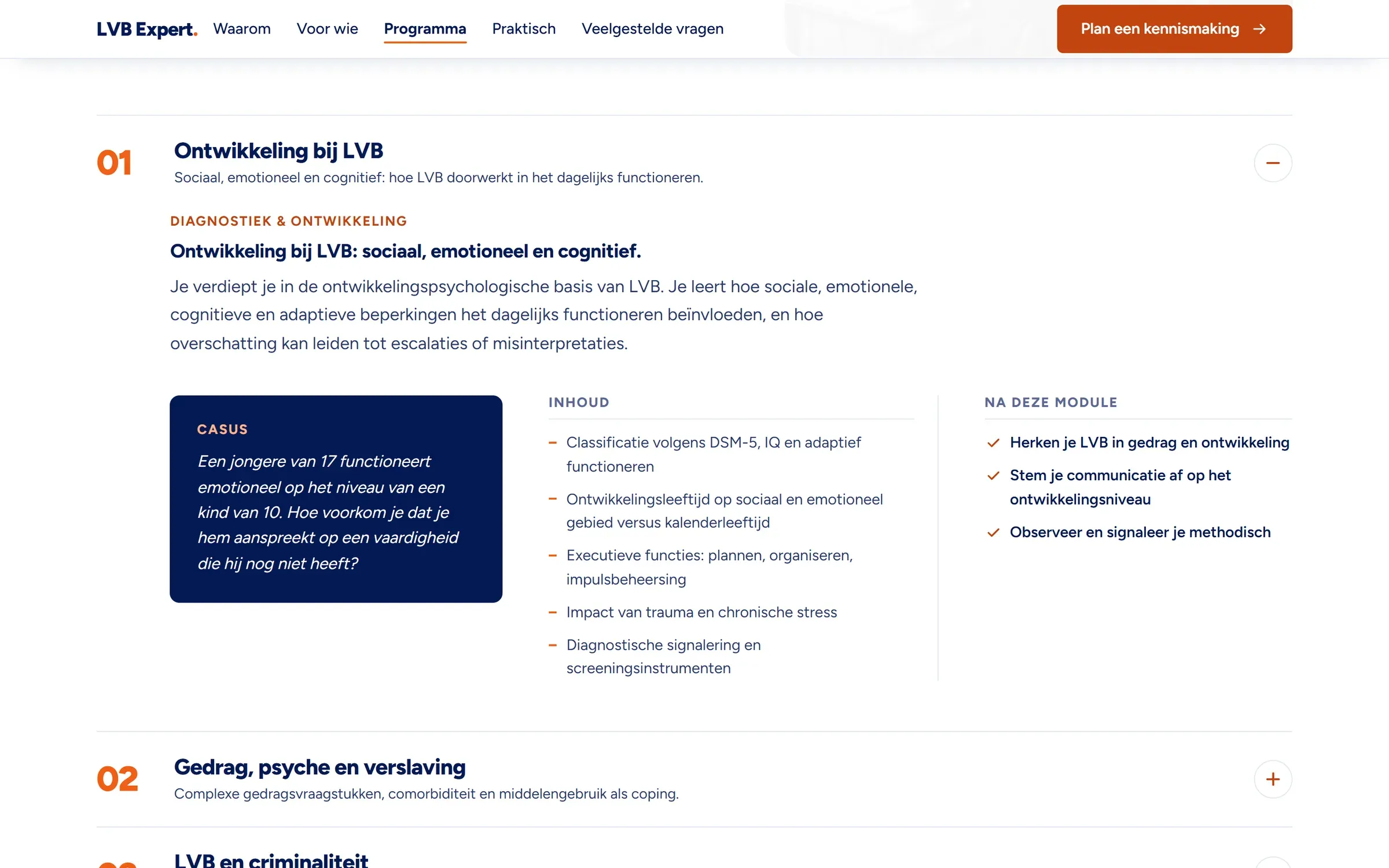 Het programma op lvbexpert.nl: module 01 opengeklapt met uitleg, een casus, de inhoud en wat je na de module kunt