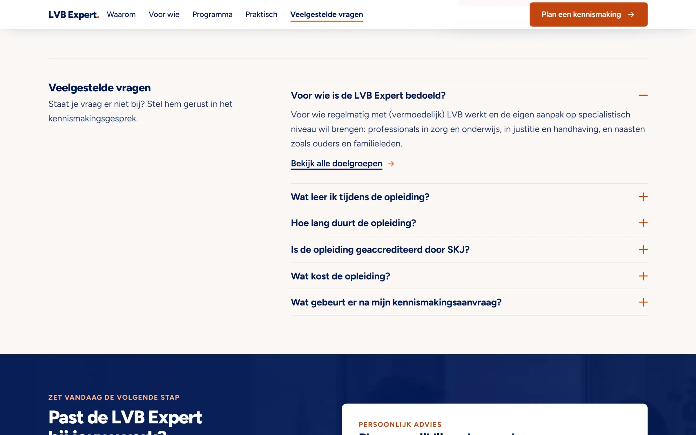 Veelgestelde vragen op lvbexpert.nl, met de eerste vraag opengeklapt