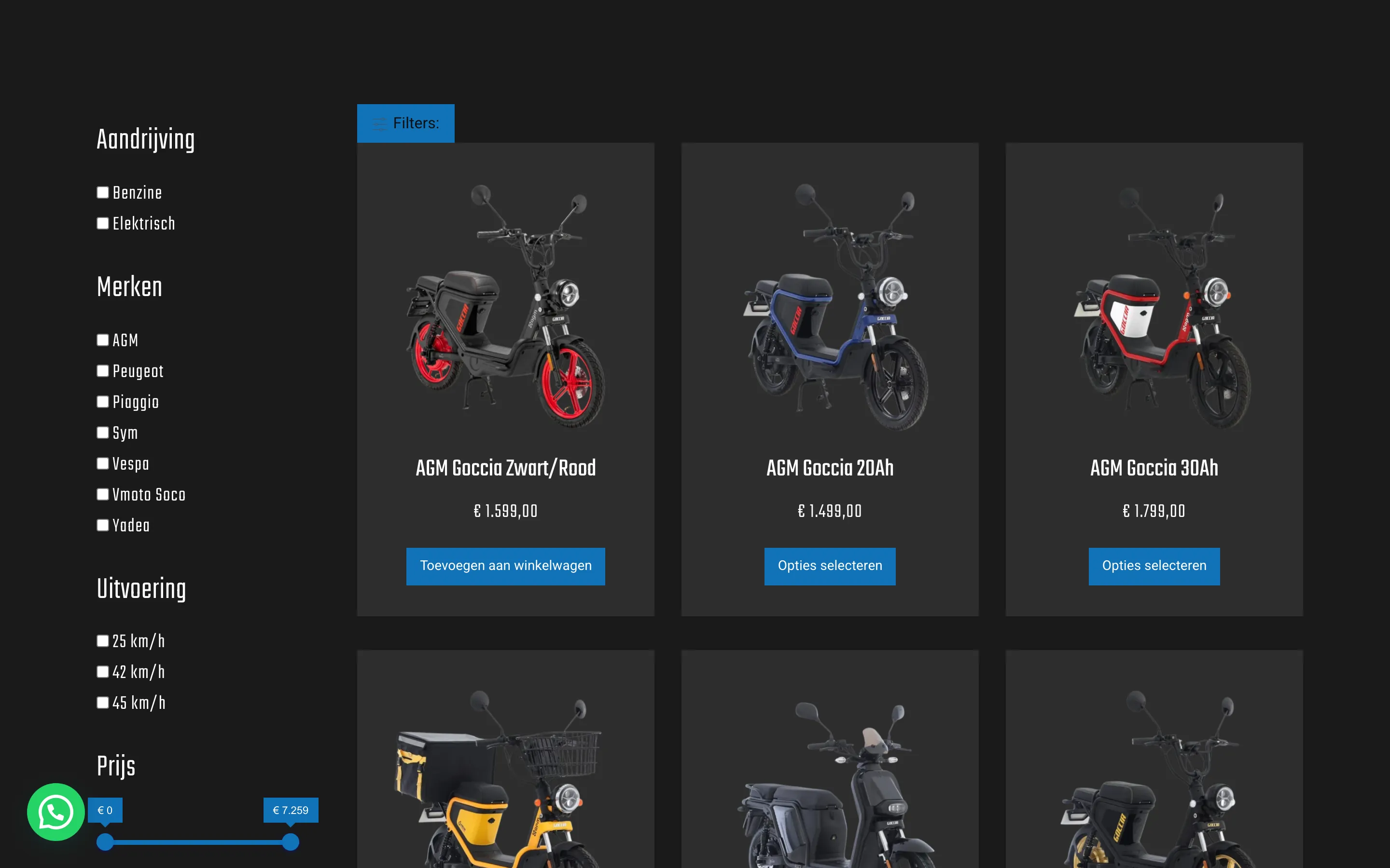 Het scooteroverzicht van Mike Mobility op desktop, met filters op aandrijving, merk, uitvoering en prijs