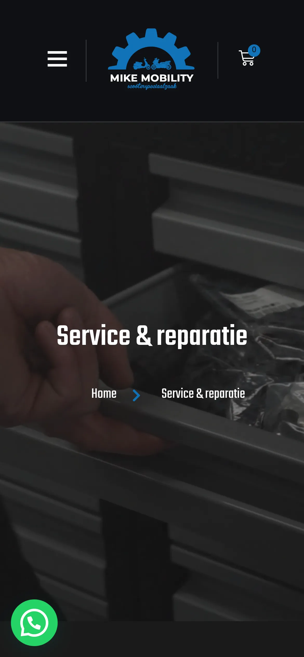 De service- en reparatiepagina van Mike Mobility op mobiel
