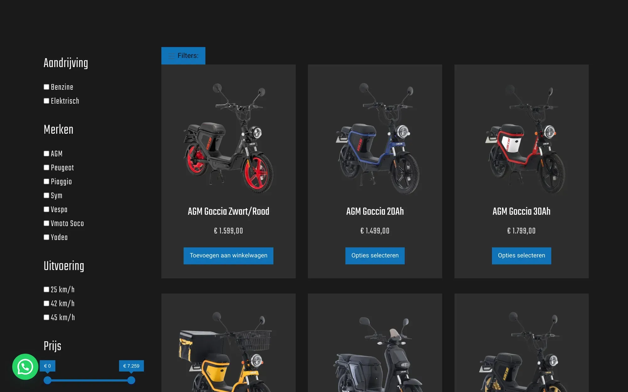 Het scooteroverzicht van mikemobility.nl op desktop, met filters op aandrijving, merk, uitvoering en prijs naast de productkaarten