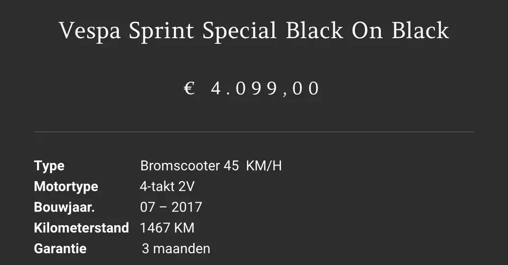 Naam, prijs en specificaties van een Vespa Sprint op een productpagina van mikemobility.nl