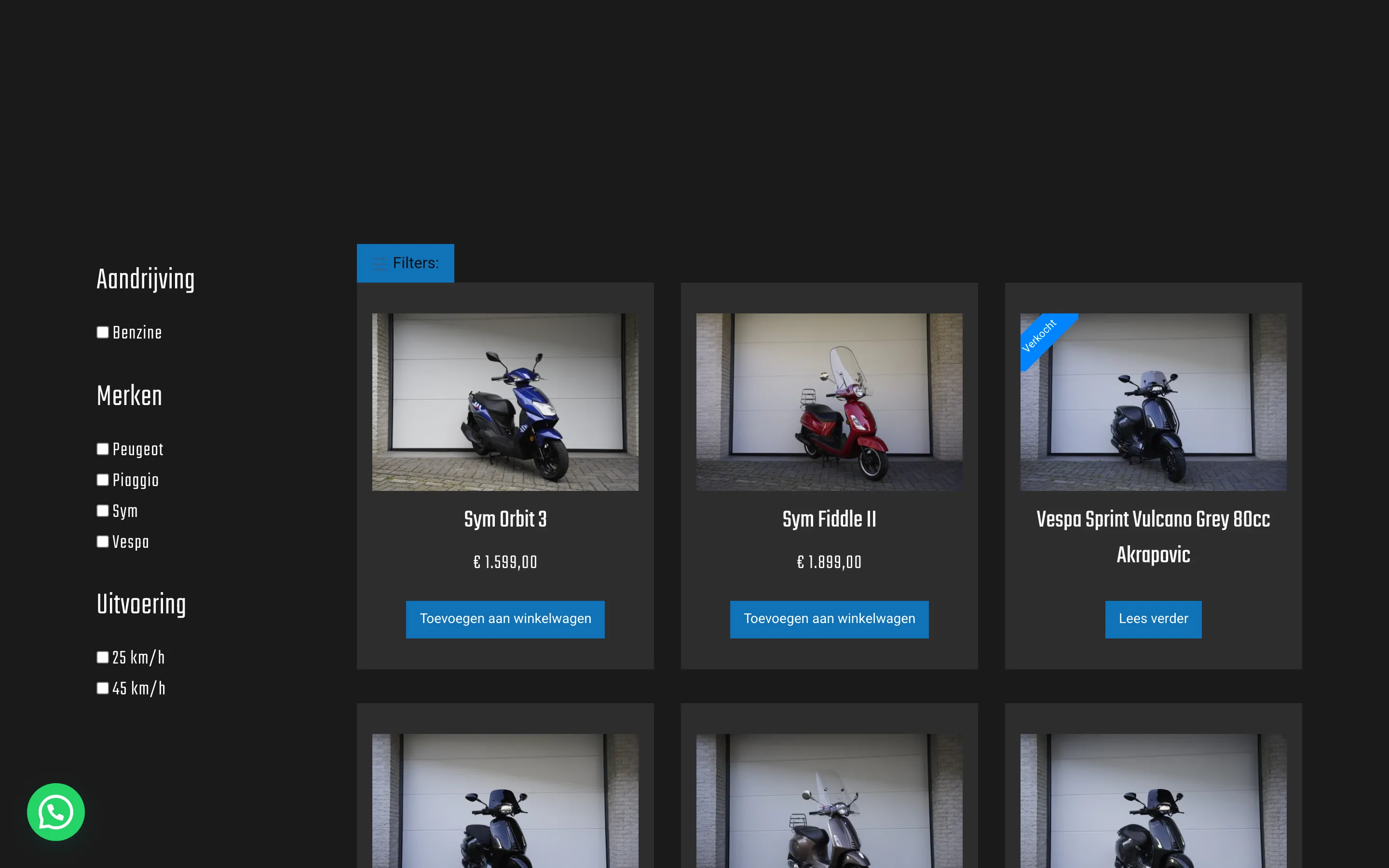 Het occasionoverzicht van Mike Mobility op desktop, met filters en productkaarten