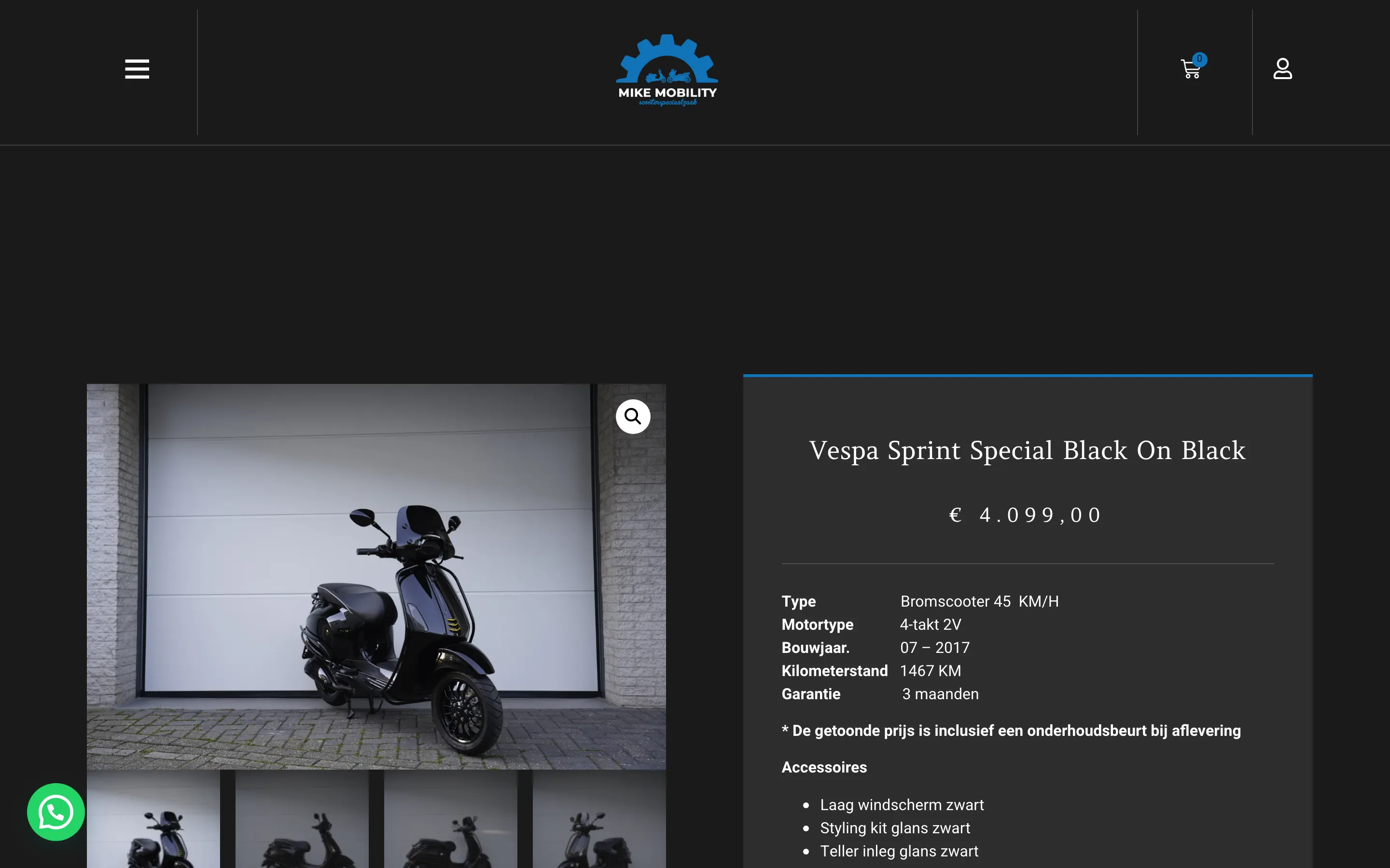 Productpagina van een Vespa Sprint op de Mike Mobility-website, met fotogalerij, prijs en specificaties