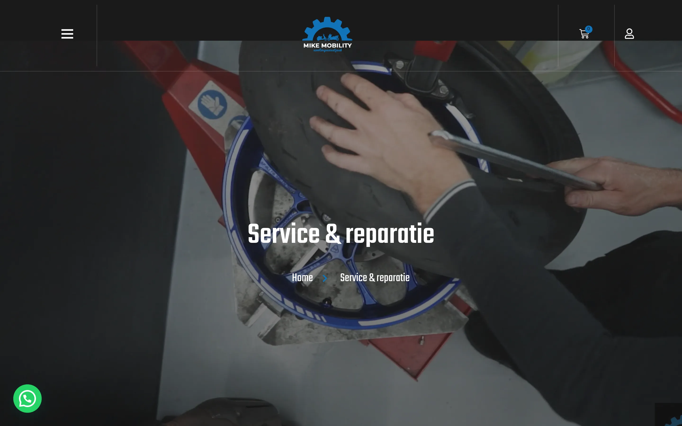 De service- en reparatiepagina van Mike Mobility, met werkplaatsfotografie