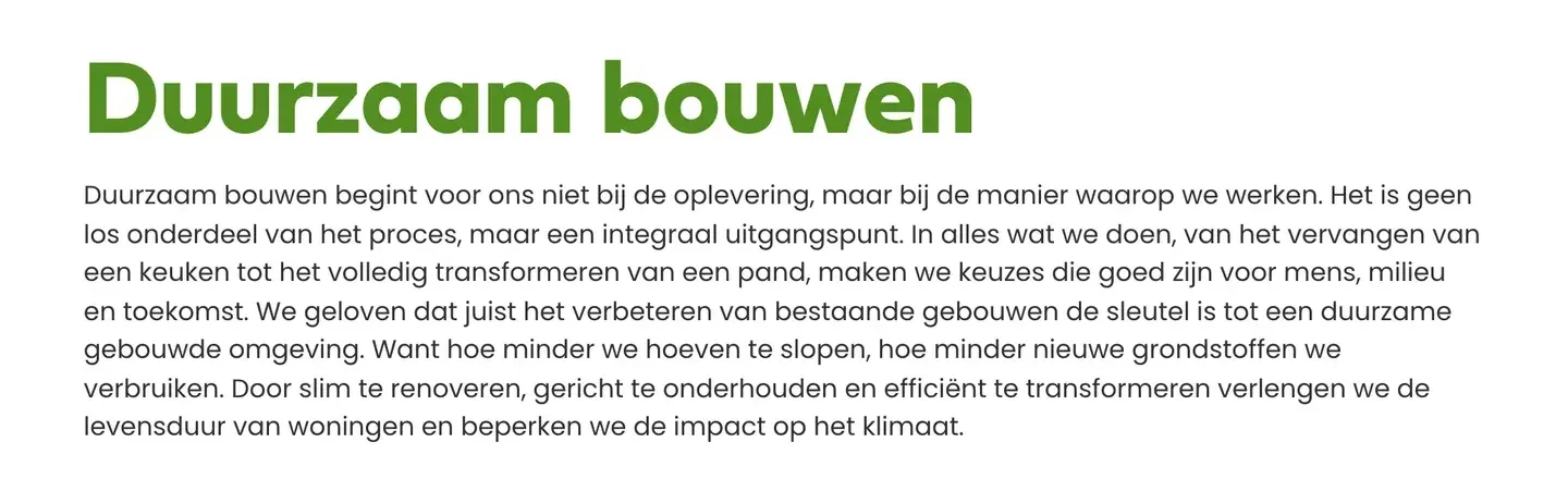Duurzaam bouwen op de duurzaamheidspagina van Millebouw: kop en uitleg van de aanpak