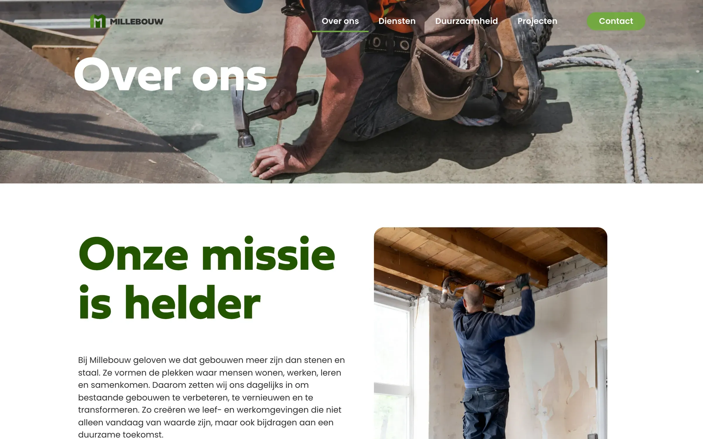 De over-onspagina van Millebouw: kop "Over ons" en daaronder "Onze missie is helder" naast een foto van een vakman aan het werk