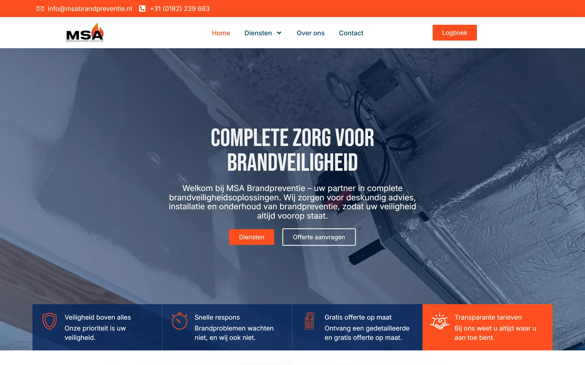De homepage van msabrandpreventie.nl: kop "Complete zorg voor brandveiligheid" met vier blauwe kenmerken eronder