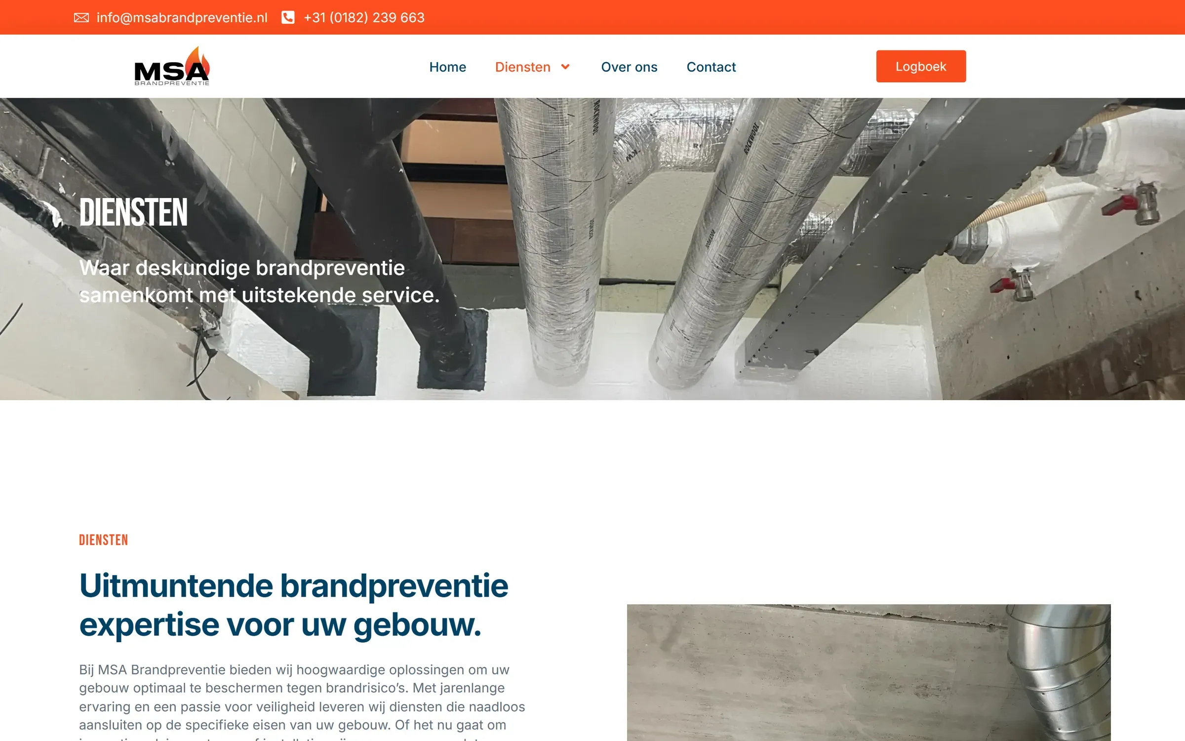 Dienstenpagina van msabrandpreventie.nl: foto van brandwerende doorvoeringen en de introductie