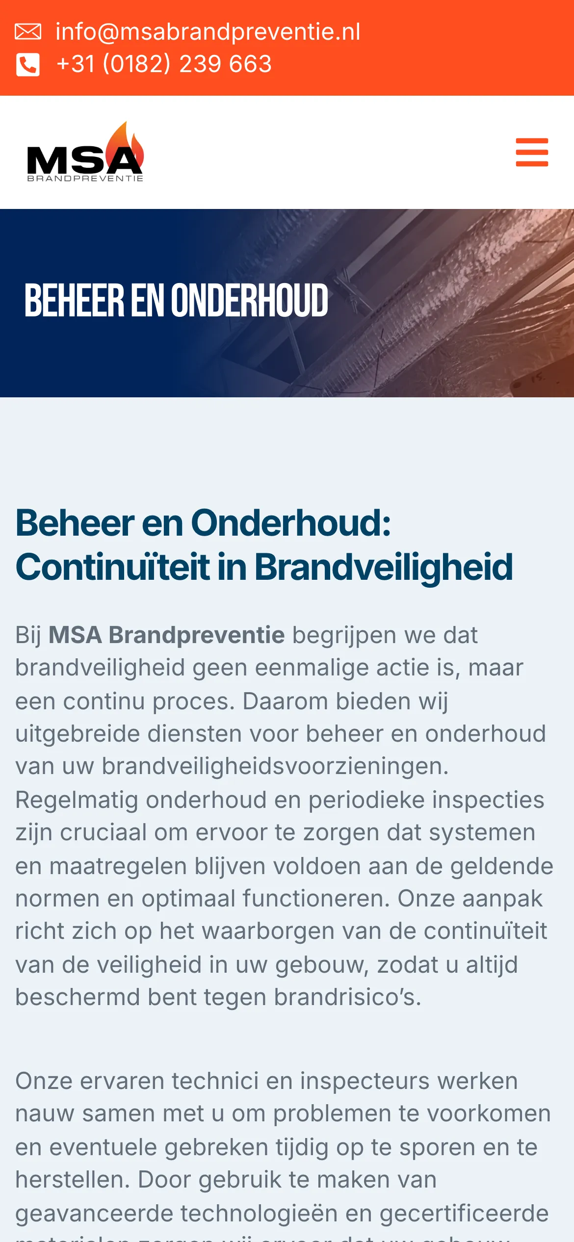 De pagina over beheer en onderhoud van MSA Brandpreventie op mobiel